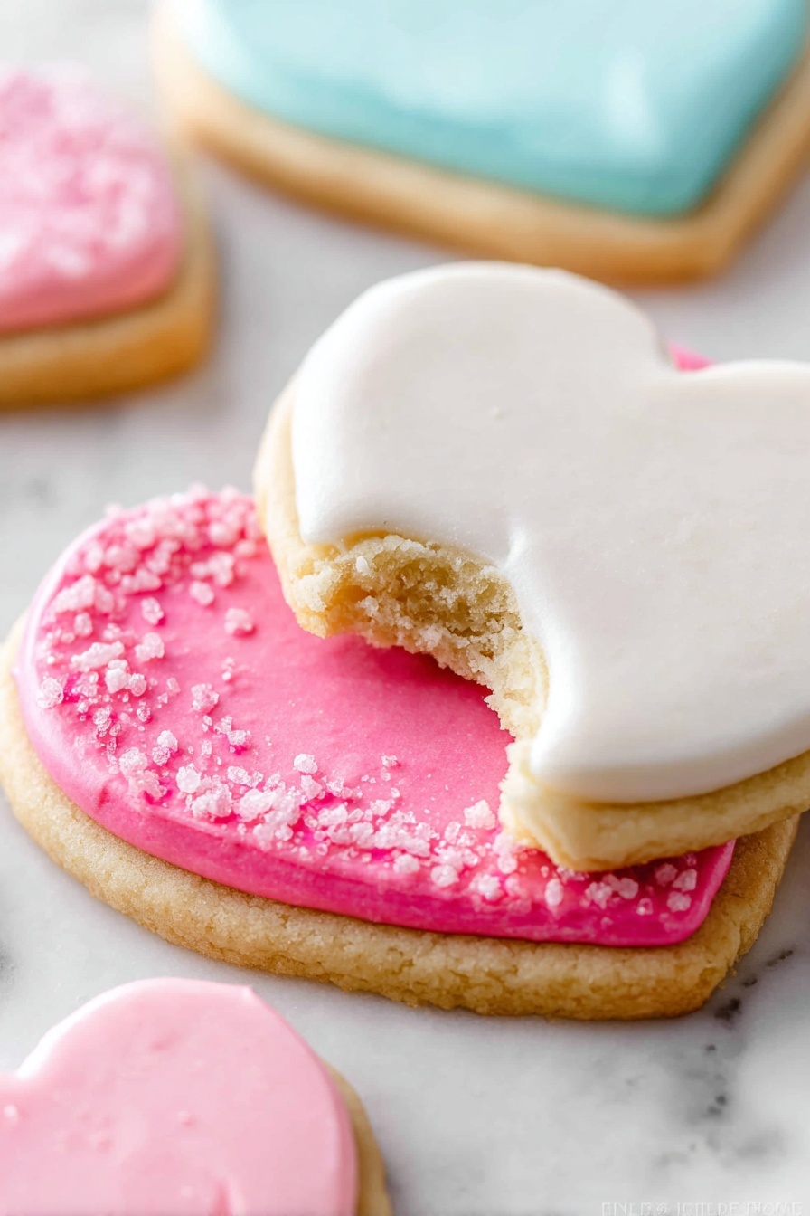 A close-up view of a heart-shaped layered cookie on a white marbled surface. The bottom cookie layer is light golden brown, topped with a thick layer of bright pink frosting embedded with small pink sugar crystals. Above that is another heart-shaped cookie with smooth white icing on top, showing a bite taken off the edge to reveal the soft, crumbly interior. Around the main cookie are parts of other cookies with pastel blue and pink smooth icing. Photo taken with an iphone --ar 2:3 --v 7 - Soft Cut-Out Sugar Cookies, sugar cookies recipe, soft sugar cookie dough, how to make perfect cut-out cookies, easy holiday cookies