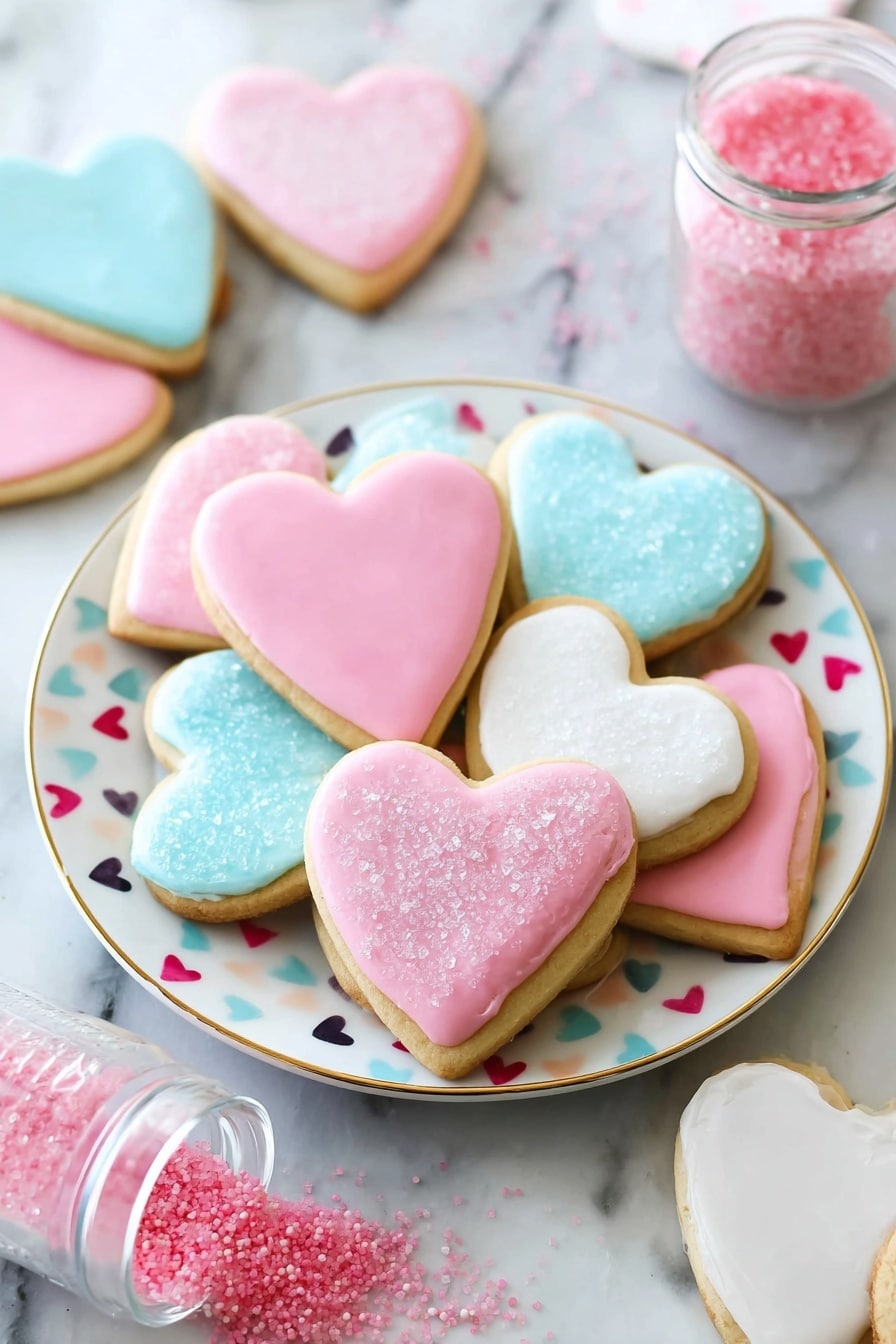 A white plate with colorful small dots holds a pile of heart-shaped cookies decorated with smooth icing in pastel colors: several pink ones with light pink sugar crystals on top, a single light blue one, and white ones sprinkled with pink sugar. Around the plate on the white marbled surface are more heart cookies in pink, blue, and white icing. To the side of the plate, a small clear jar lies tipped over, spilling pink sugar crystals. photo taken with an iphone --ar 2:3 --v 7 - Soft Cut-Out Sugar Cookies, sugar cookies recipe, soft sugar cookie dough, how to make perfect cut-out cookies, easy holiday cookies