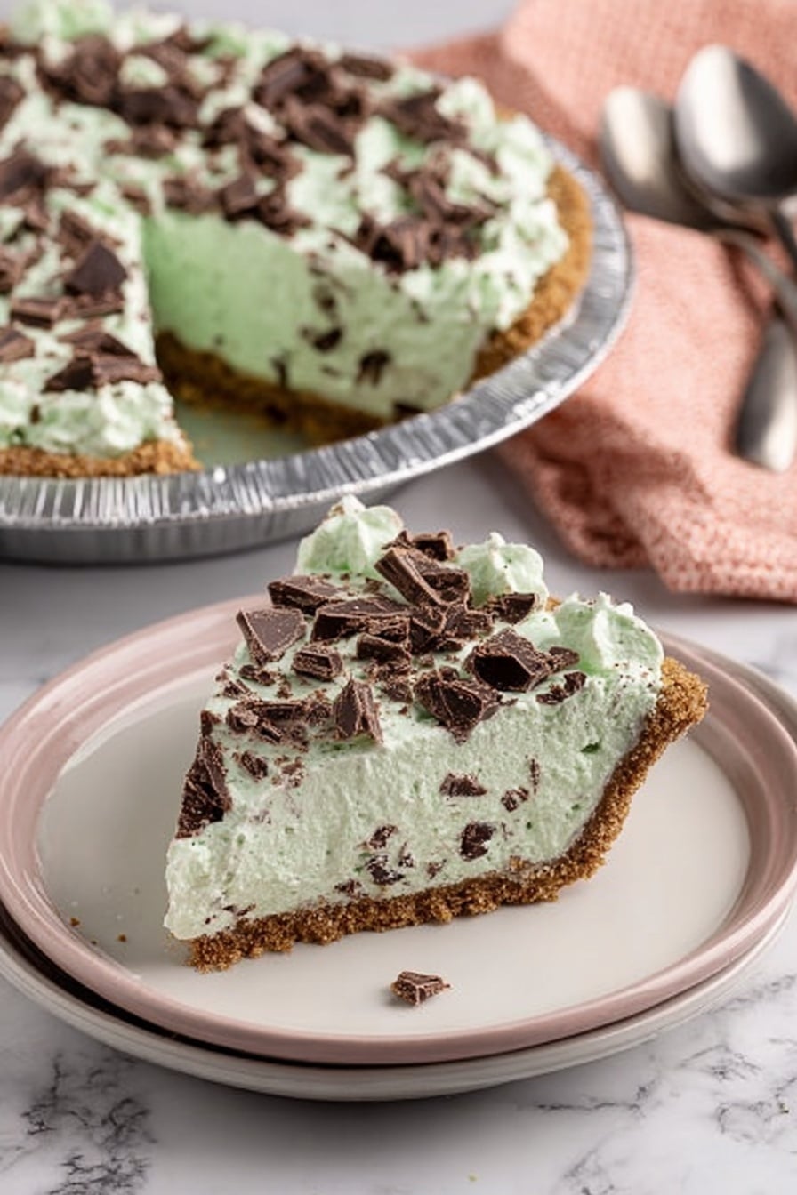 The image shows a slice of mint chocolate pie on a white plate with a soft pink rim, placed on a white marbled surface. The pie has three visible layers: a light brown crumbly crust at the bottom, a thick middle layer of pale green mint cream mixed with small dark chocolate bits, and a top layer of light green whipped cream covered with larger chunks of chocolate scattered unevenly. In the background, a larger pie with the same three layers and chocolate pieces is visible in a silver pie tin. To the side, there is a soft peach cloth, and on the right, an extra plate with two spoons rests on the white marbled surface. photo taken with an iphone --ar 2:3 --v 7 - Mint Chocolate Pie, no-bake mint chocolate dessert, easy mint chocolate pie recipe, quick chocolate pie with mint, best mint chocolate pie