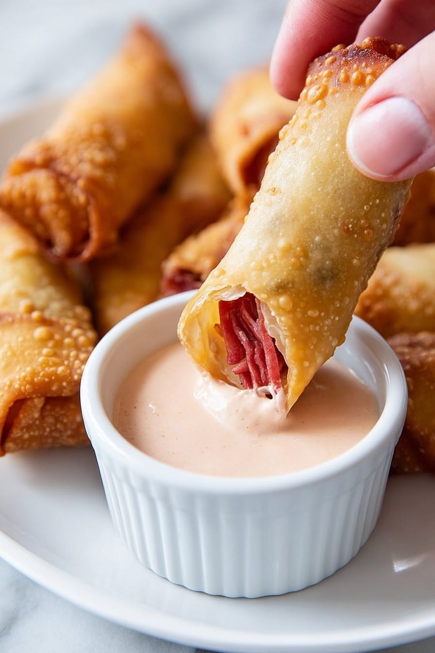 In the image, a woman's hand is holding a golden, crispy fried roll that is slightly open at one end, showing layered thin strips of reddish meat inside. The roll is being dipped into a small white ramekin filled with light pink creamy sauce. The ramekin sits on a white plate surrounded by several similar fried rolls with a crunchy, golden outside. The whole scene rests on a white marbled surface, giving a clean and fresh look to the presentation. photo taken with an iphone --ar 2:3 --v 7 - Pastrami Reuben Egg Rolls, Reuben Egg Rolls, Pastrami Egg Rolls, Crispy Reuben Snacks, Easy Reuben Appetizer