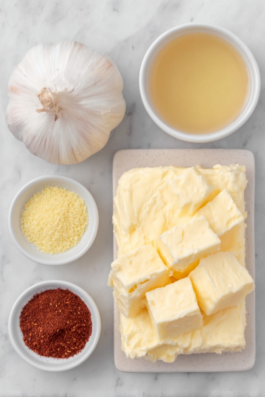 Flat lay of fresh Irish cheddar cheese chunks, a block of smooth cream cheese, a small white bowl filled with light golden Irish-style beer, a single whole garlic clove, a small white bowl of bright yellow ground mustard powder, and a small white bowl of deep red paprika powder, all arranged in perfect symmetry on a simple white ceramic surface, placed on a clean white marble surface, soft natural light, photo taken with an iPhone, professional food photography style, fresh ingredients, white ceramic bowls, no bottles, no duplicates, no utensils, no packaging --ar 2:3 --v 7 --p m7354615311229779997 - Irish Beer Cheese Dip, Irish Beer Cheese Dip Recipe, easy Irish cheese dip, pub-style cheese dip, festive Irish appetizer