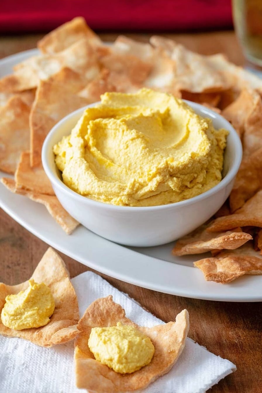 A white bowl filled with a thick, fluffy yellow dip that has a soft texture and a small scoop taken from the center. The bowl sits on a white plate filled with irregularly shaped, golden-brown pita chips that look crispy and slightly toasted. In front of the plate, on a white napkin, there are two pita chips each topped with a dollop of the same yellow dip. The whole setup is on a wooden surface with a blurred red and black background. photo taken with an iphone --ar 2:3 --v 7 - Irish Beer Cheese Dip, Irish Beer Cheese Dip Recipe, easy Irish cheese dip, pub-style cheese dip, festive Irish appetizer