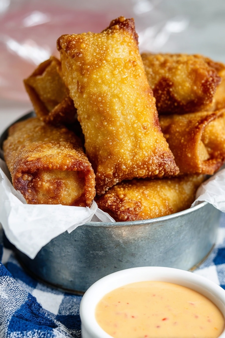 The image shows a close-up of golden brown crispy egg rolls with a rough, bubbly texture stacked inside a round metal container lined with white paper, placed on a white marbled surface with a blue and white checkered cloth underneath. Next to the egg rolls, there is a small white round bowl filled with a creamy, light orange dipping sauce with small visible specks. The background is softly blurred with hints of pink and a clear plastic wrap. photo taken with an iphone --ar 2:3 --v 7 - Crispy Reuben Egg Rolls, Reuben Egg Rolls recipe, Reuben appetizer, homemade egg rolls, savory Reuben snack