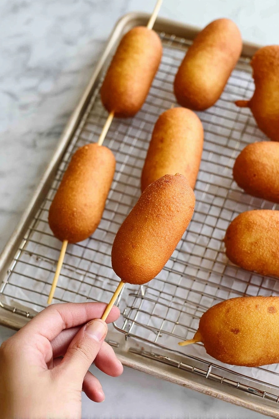 The image shows several golden brown corn dogs resting on a wire cooling rack over a tray. Each corn dog is coated in a crispy outer layer with a smooth, evenly fried texture, held by a light wooden stick that extends from the base. One corn dog is being held by a woman's hand in the lower right corner, with the fingers gently grasping the stick. The background surface is a white marbled texture. photo taken with an iphone --ar 2:3 --v 7 - Homemade Mini Corn Dogs, mini corn dogs recipe, easy corn dogs, carnival snacks, party finger foods