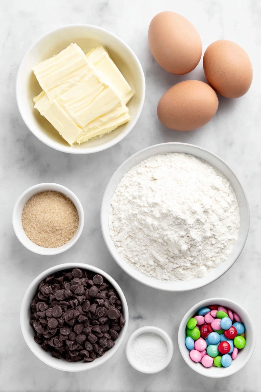 Flat lay of a small white ceramic bowl of melted unsalted butter, a small white ceramic bowl filled with packed brown sugar, a small white ceramic bowl with amber vanilla extract, two large whole uncracked brown eggs with clean shells, a small white ceramic bowl of white all-purpose flour, a small white ceramic bowl with a pinch of baking soda, a small white ceramic bowl of fine salt, a small white ceramic bowl filled with colorful plain M&M’s, and a small white ceramic bowl holding glossy semi-sweet chocolate chips, all arranged in perfect symmetry on a clean white marble surface, soft natural light, photo taken with an iPhone, professional food photography style, fresh ingredients, white ceramic bowls, no bottles, no duplicates, no utensils, no packaging --ar 2:3 --v 7 --p m7354615311229779997 - M&M Cookie Bars, M&M Cookie Bars Recipe, colorful cookie bars, easy no-bake cookie bars, chocolate chip and M&M bars