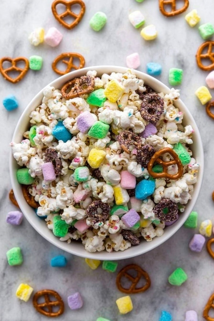 A white bowl filled with a snack mix showing three main layers: crunchy white popcorn, dark brown pretzels, and colorful marshmallow shapes in green, pink, yellow, blue, and purple. The marshmallows are small and scattered evenly throughout the mix, adding bright pops of color against the lighter popcorn and darker pretzels. Pieces of the colorful marshmallows also spread around the bowl on a white marbled surface. The overall look is playful and textured with a mix of round, twisted, and irregular shapes, captured from above. photo taken with an iphone --ar 2:3 --v 7 - Lucky Charms White Chocolate Snack Mix, unicorn cereal snack mix, easy sweet salty party treat, festive marshmallow snack, quick white chocolate trail mix