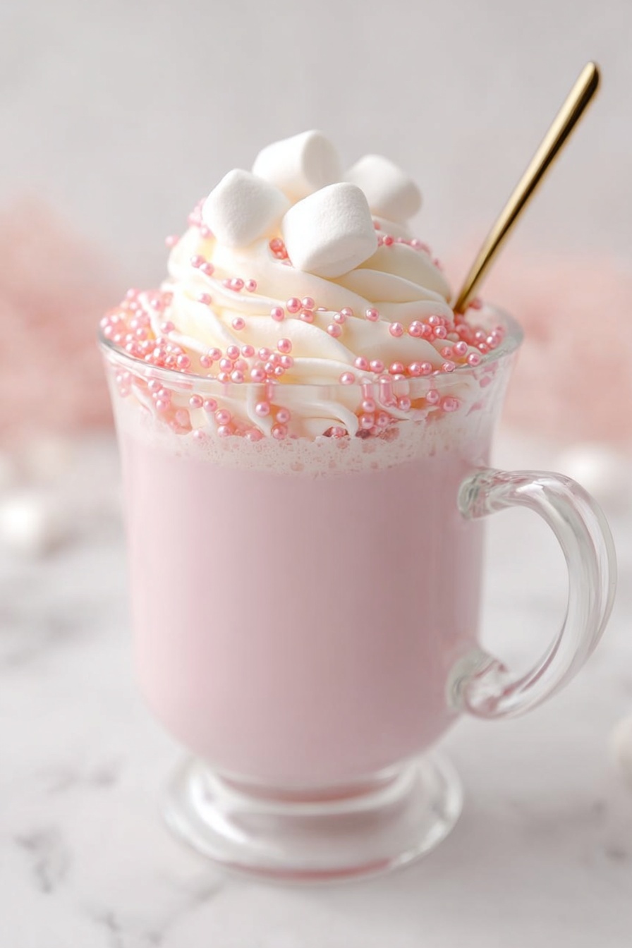 A clear glass mug holds a smooth, light pink drink as the base layer. On top, there is a thick swirl of white whipped cream forming the second layer, dotted with small, shiny pink pearl-like sprinkles. Four white marshmallows sit evenly spaced on the whipped cream, adding a soft, fluffy texture to the top third layer. A golden spoon stands inside the mug, leaning at an angle from the top left. The mug sits on a white marbled surface, with soft lighting enhancing the pastel colors in the image. photo taken with an iphone --ar 2:3 --v 7 - Pink White Hot Chocolate, pink hot chocolate recipe, white hot chocolate, festive hot chocolate, cozy winter drinks