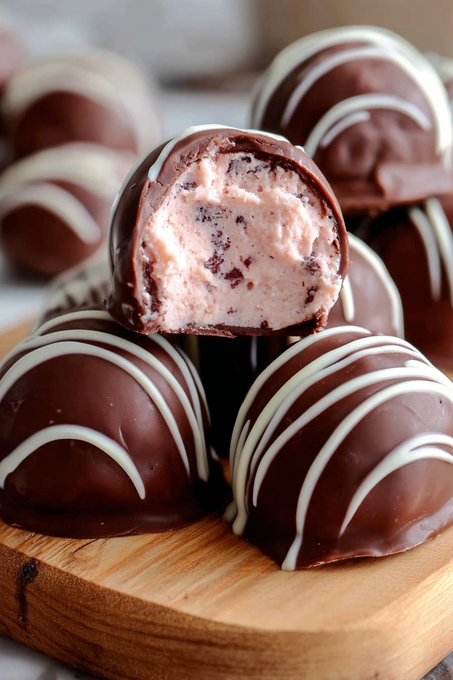 The image shows round chocolate truffles with a dark brown smooth chocolate outer layer, each decorated with thin irregular stripes of white chocolate on top. One truffle is broken open in the front center, revealing a creamy light pink filling with small darker bits inside, showing a soft and fluffy texture. The truffles are stacked on a light wooden board, with some blurred truffles in the background. The whole scene is set against a white marbled background. photo taken with an iphone --ar 2:3 --v 7 - Strawberry White Chocolate Truffles, strawberry dessert recipes, easy fruit truffles, white chocolate confections, homemade chocolate truffles