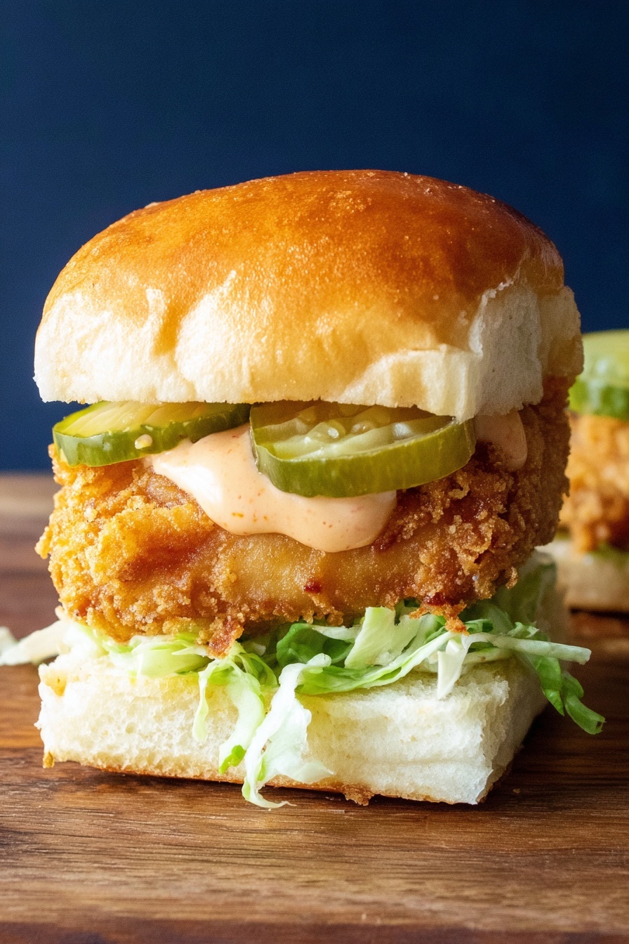 A small sandwich sits on a wooden surface with a dark blue background, showing four main layers. The bottom layer is a soft, white bread square base with some green shredded lettuce on top. Above the lettuce is a thick, crispy fried piece that is golden brown with a rugged texture. On top of the fried piece, there are two green pickle slices with a creamy light orange sauce spreading from beneath the top soft white bread square bun, which has a shiny golden crust. Photo taken with an iphone --ar 2:3 --v 7 - Fried Chicken Sliders, spicy sriracha aioli, crispy chicken sandwiches, Hawaiian roll sliders, easy chicken slider recipe