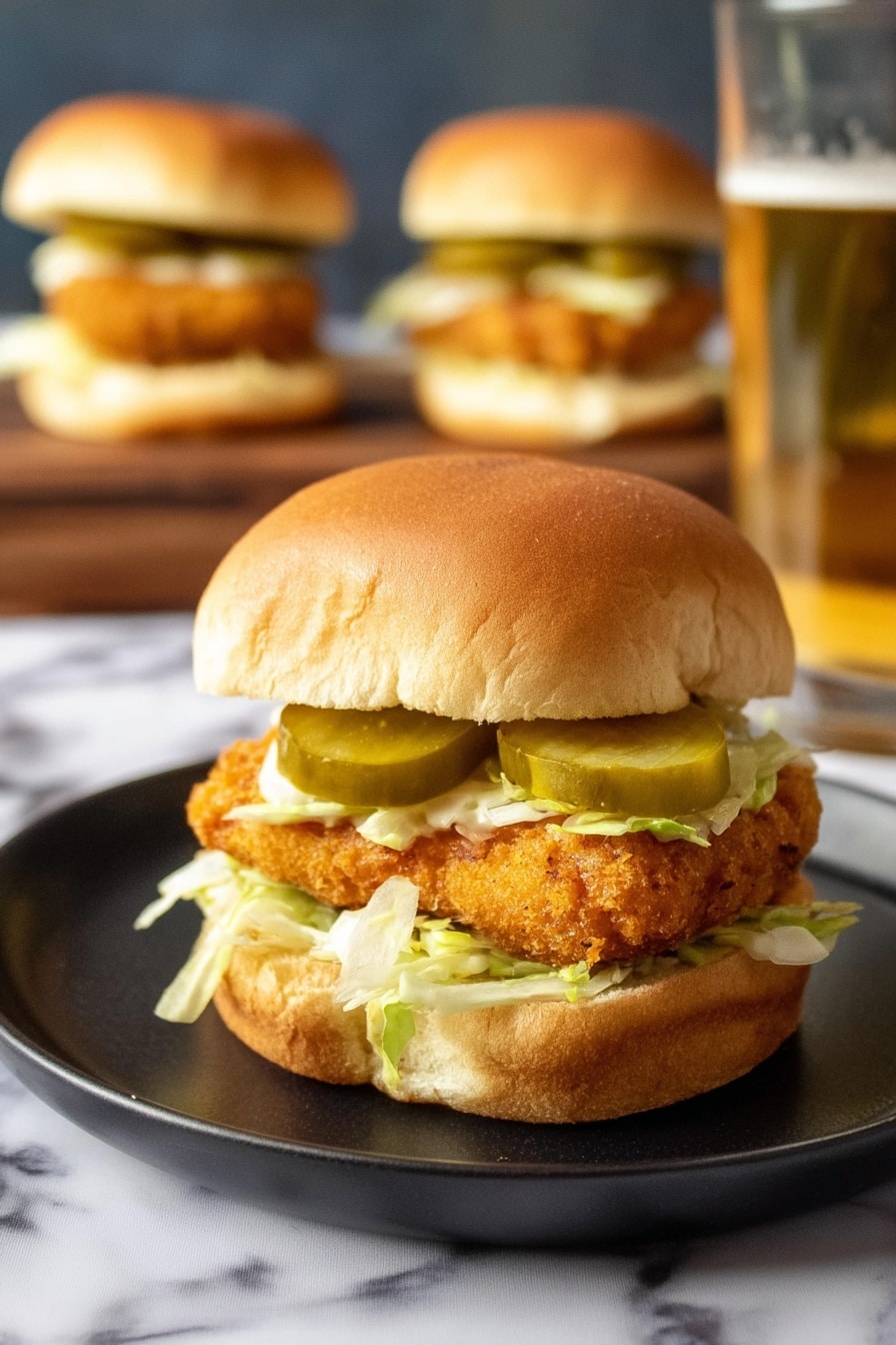 A close-up of a small sandwich on a black plate, placed on a white marbled surface. The sandwich has four layers: the soft, light brown top bun; two green pickle slices with texture; a thick, crispy golden fried patty; and shredded pale green lettuce on the soft, light brown bottom bun. In the background, two identical sandwiches are slightly blurred, placed on a wooden board. There is also a glass filled with golden yellow liquid on the right side of the image. The photo is taken with an iphone --ar 2:3 --v 7 - Fried Chicken Sliders, spicy sriracha aioli, crispy chicken sandwiches, Hawaiian roll sliders, easy chicken slider recipe