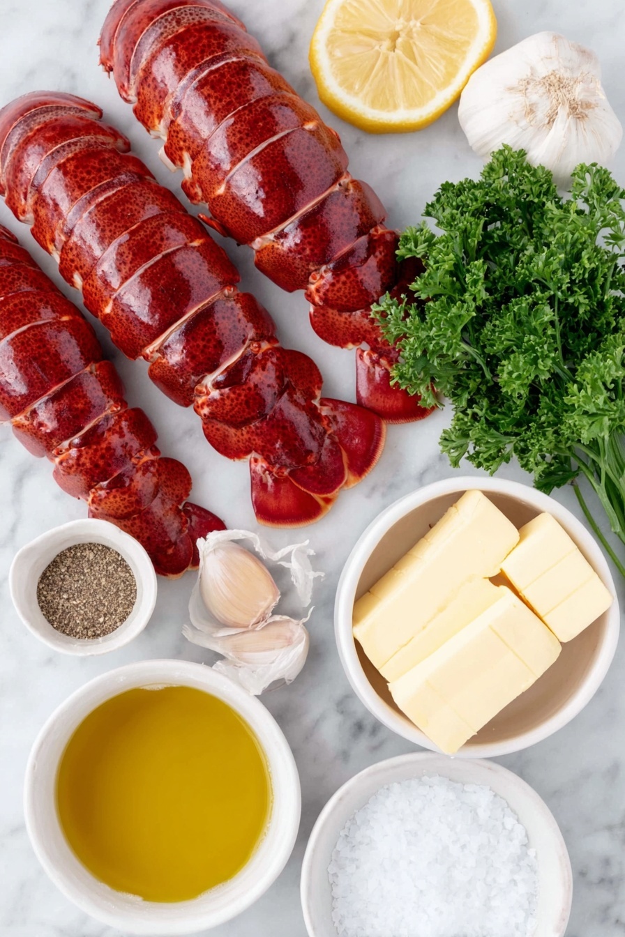 Flat lay of four whole raw lobster tails with bright red shells, a small bunch of fresh green parsley sprigs, two whole garlic cloves with papery skin, a small white ceramic bowl of golden olive oil, a small white ceramic bowl of fresh pale yellow lemon juice, a small white ceramic bowl holding a few thick pats of unsalted butter, a small white ceramic bowl of coarse sea salt crystals, and a small white ceramic bowl of freshly cracked black pepper placed on a clean white marble surface, soft natural light, photo taken with an iPhone, professional food photography style, fresh ingredients, white ceramic bowls, no bottles, no duplicates, no utensils, no packaging --ar 2:3 --v 7 --p m7354615311229779997 - Garlic Lemon Butter Lobster Tails, lobster tails with garlic and lemon, easy lobster tail recipe, seafood main dish, elegant seafood dinner