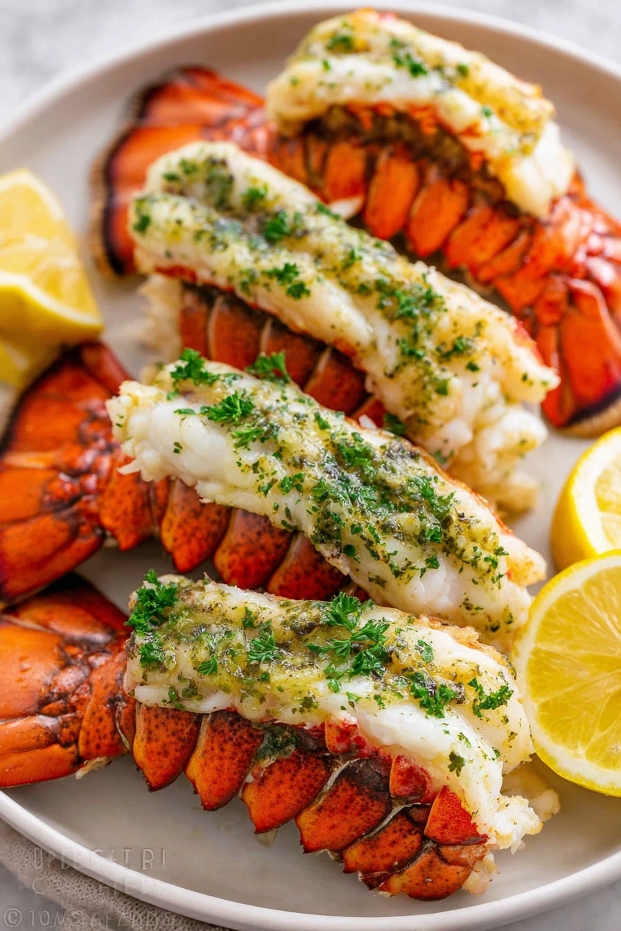 The image shows three lobster tails placed on a white plate with a white marbled background. Each tail is bright orange with a few darker spots on the shell, showing the texture of lobster shell segments. On top of each tail is a thick layer of white lobster meat, which looks moist and soft. The meat is covered with a green herb sauce, sprinkled mainly with chopped parsley. Around the lobster tails are a few lemon halves and wedges, with their bright yellow color standing out on the white plate. The overall look is fresh, colorful, and ready to eat. photo taken with an iphone --ar 2:3 --v 7 - Garlic Lemon Butter Lobster Tails, lobster tails with garlic and lemon, easy lobster tail recipe, seafood main dish, elegant seafood dinner