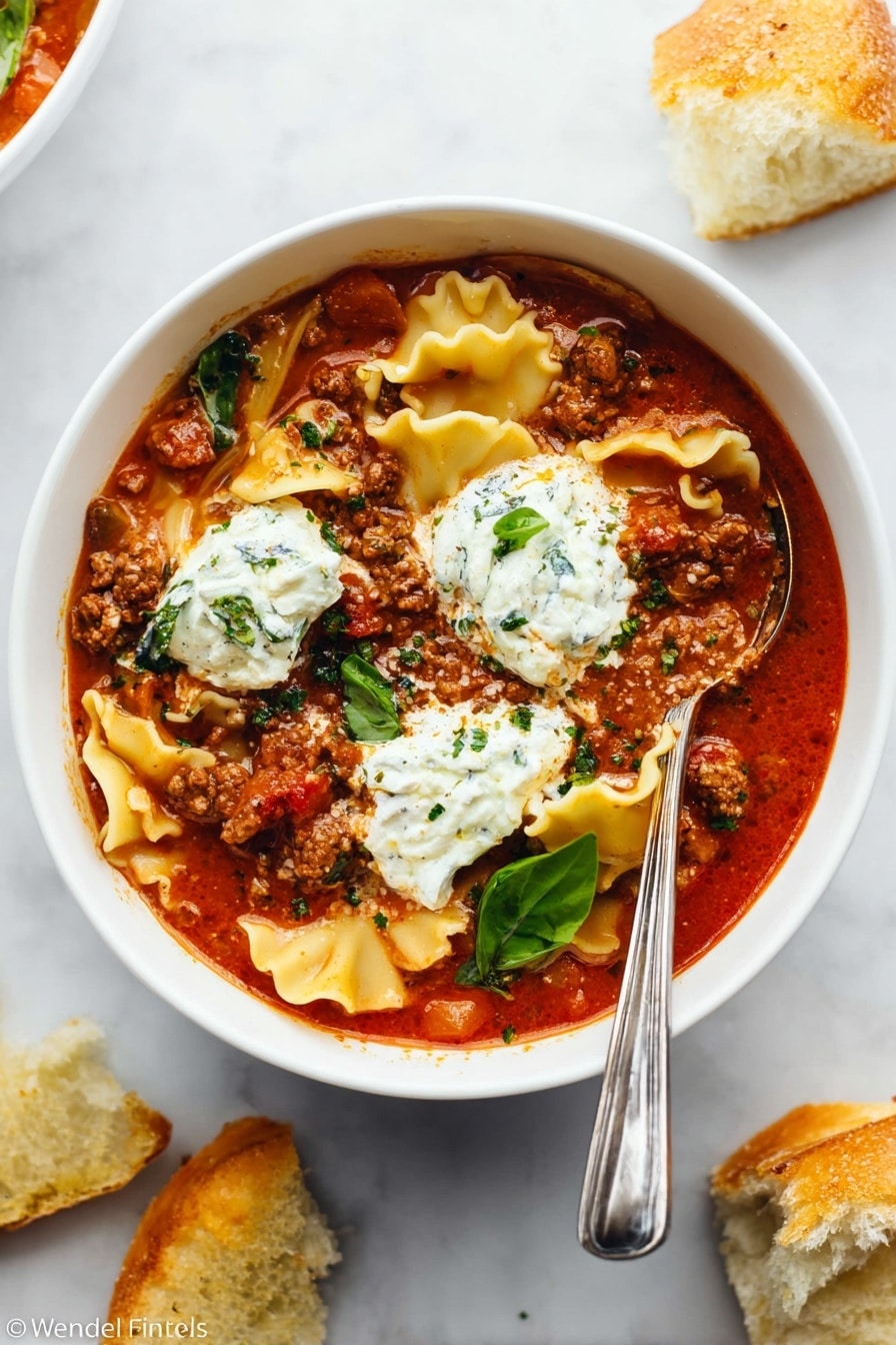 A white bowl filled with layered lasagna soup sits on a white marbled surface. The bottom layer is a rich red tomato broth with visible chunks of cooked ground meat and diced tomatoes. Large, wavy-edged yellow pasta pieces float throughout the soup. On top, there are three dollops of creamy white ricotta cheese speckled with green herbs. Fresh green basil leaves are scattered in the soup, adding a pop of color. A spoon stands in the bowl. Around the bowl, there are torn pieces of golden brown crusty bread. photo taken with an iphone --ar 2:3 --v 7 - Lasagna Soup with Ricotta Basil Topping, easy Italian lasagna soup, cheesy lasagna soup recipe, quick lasagna-inspired soup, flavorful ricotta basil topping