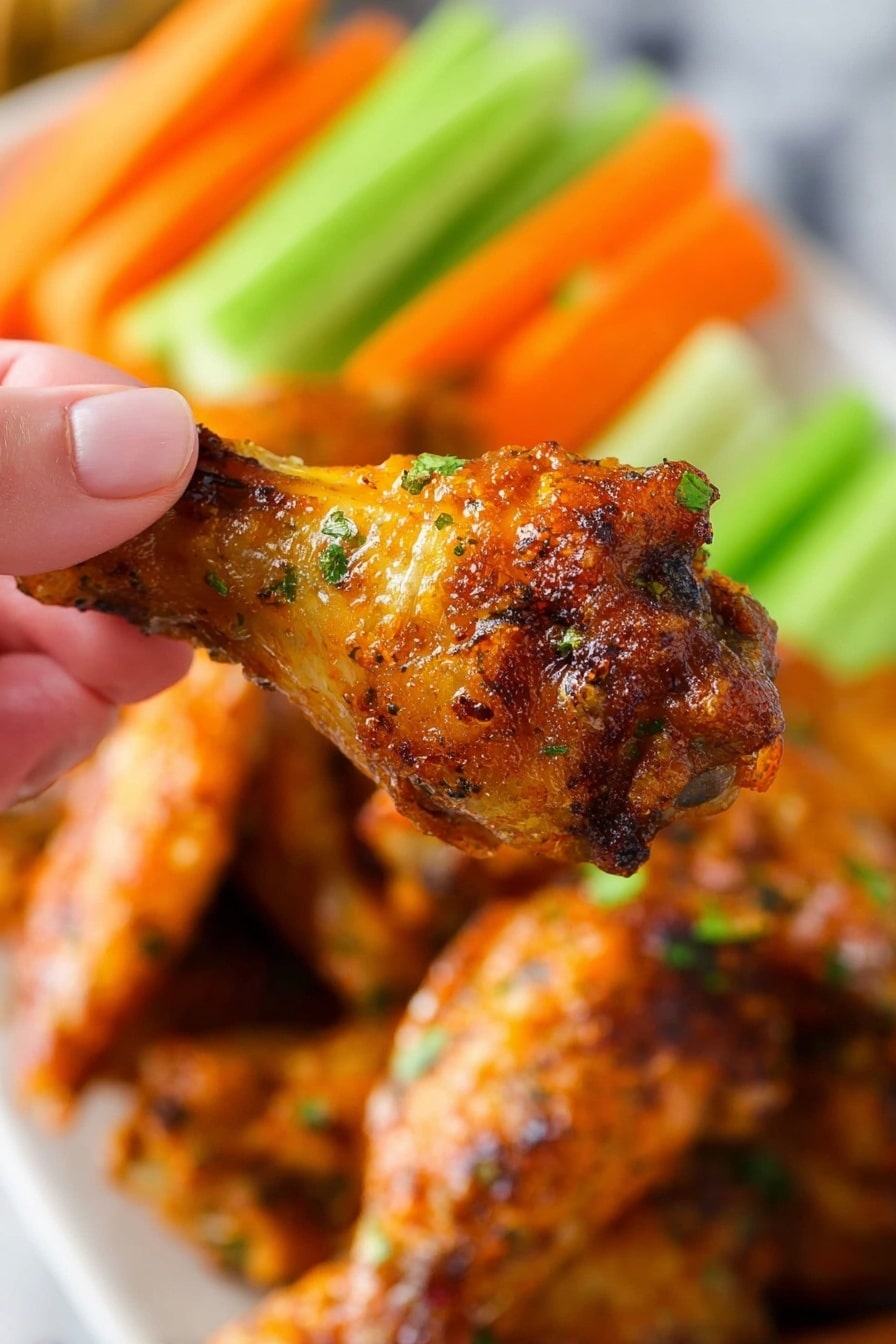 A close-up of a single crispy chicken wing being held by a woman's hand, showing a rich, golden-brown crispy skin with bits of green herbs on the surface. Behind the chicken wing, there is a white plate filled with more golden-brown chicken wings stacked together, and in the background, upright green celery sticks and orange carrot sticks add bright color contrast. The overall look is vibrant with sharp details on the chicken’s texture on a white marbled surface. photo taken with an iphone --ar 2:3 --v 7 - Buffalo Ranch Chicken Wings, slow cooker chicken wings, easy wing recipes, spicy ranch chicken wings, game day chicken wings