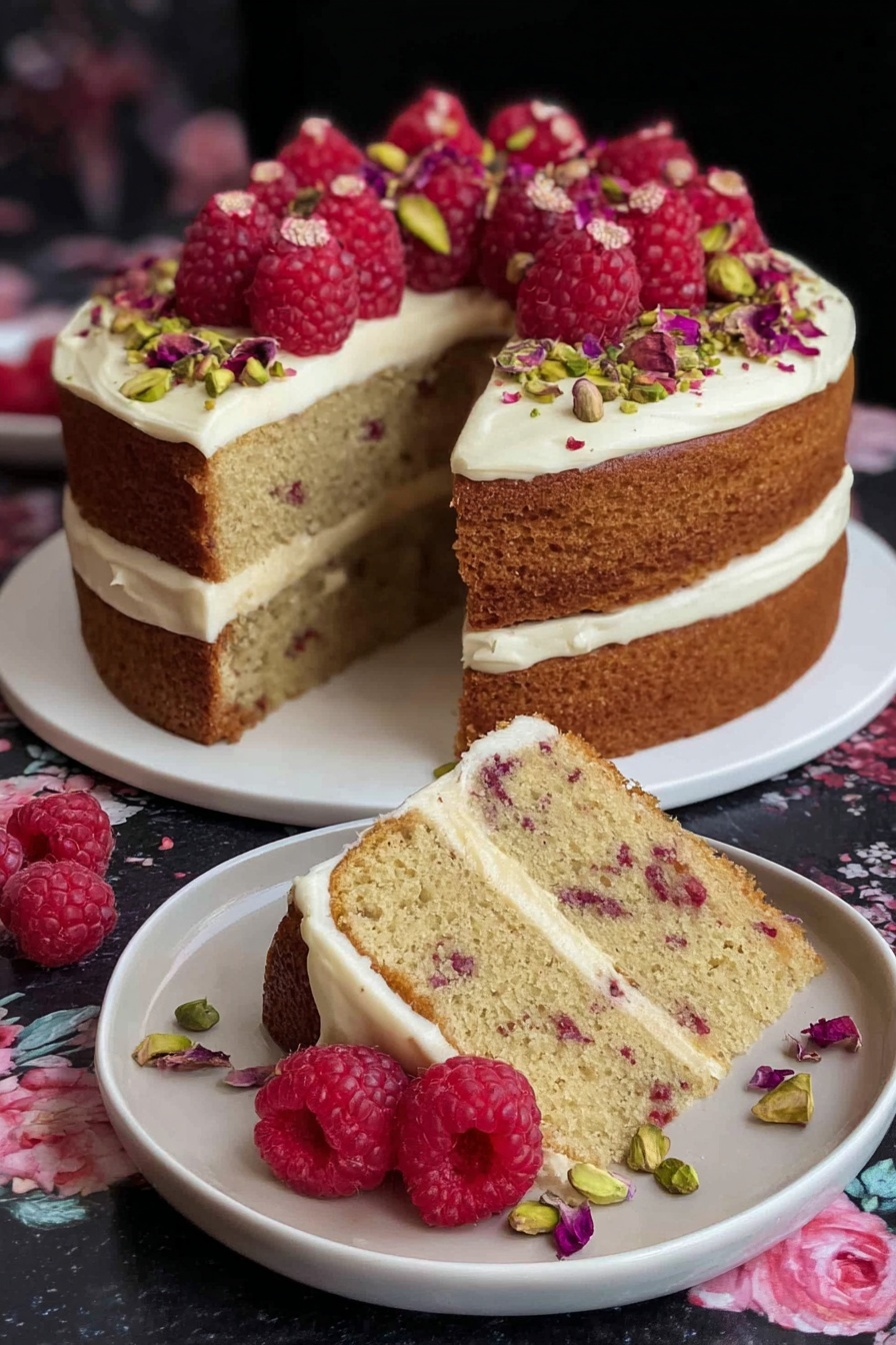 A two-layer round cake with light brown sponge that has small dark spots inside, possibly berries, is shown. Between the two layers, there is a thick white cream layer. The top of the cake has a smooth white cream layer, decorated with a pile of fresh red raspberries and green pistachios with small purple flower petals scattered around. A wedge-shaped slice is removed from the cake, and that slice rests on a white plate in front, garnished with a few fresh raspberries and pistachios. The cake is on a white plate, placed on a dark surface with a floral pattern, though this surface is changed to a white marbled texture in the description. Photo taken with an iphone --ar 2:3 --v 7 - Pistachio Raspberry Rose Cake, pistachio raspberry cake, floral berry cake, elegant layer cake, spring dessert recipes