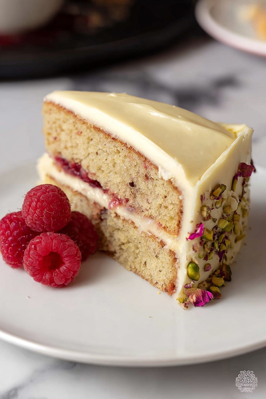 A slice of two-layered cake sits on a white plate with three fresh raspberries on the side. The cake has light brown layers with a thin red berry filling visible inside. Between the layers and covering the sides is a thick, creamy, pale yellow frosting, which is smooth with some texture and small bits of pistachio and pink petals on the bottom edge. The plate rests on a surface with a white marbled texture with dark pattern nearby. photo taken with an iphone --ar 2:3 --v 7 - Pistachio Raspberry Rose Cake, pistachio raspberry cake, floral berry cake, elegant layer cake, spring dessert recipes