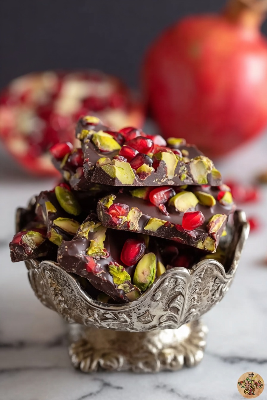 The image shows a small ornate silver dish filled with several pieces of dark chocolate bark topped with bright green pistachios and red pomegranate seeds scattered throughout. The chocolate pieces are thick and uneven, stacked in layers inside the dish. In the background, there is a whole pomegranate and a half one, both blurred, sitting on a white marbled surface. The overall color contrast is dark chocolate with splashes of vibrant green and red, making the toppings stand out clearly. photo taken with an iphone --ar 2:3 --v 7 - Chocolate Pomegranate Nut Bark, chocolate pomegranate nut bark, easy holiday bark, festive chocolate treat, healthy dessert bark