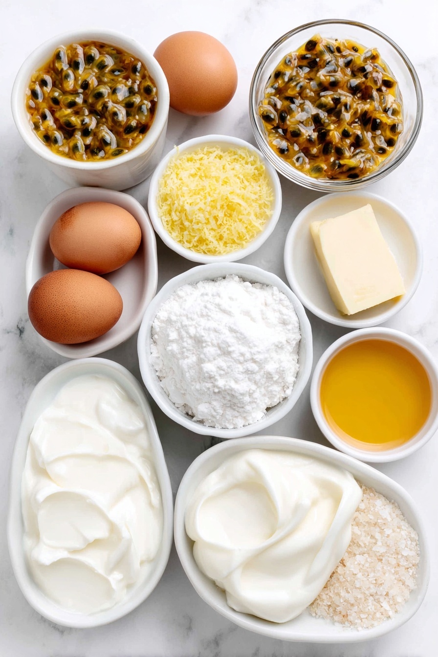 Flat lay of fresh passionfruit pulp in a small white ceramic bowl showing vibrant yellow seeds and pulp, two whole uncracked large brown eggs, a small white ceramic bowl with fine white sugar crystals, a small white ceramic bowl with bright yellow lemon zest, a small white ceramic bowl with coarse sea salt, a small pat of soft pale yellow butter on a white ceramic dish, a small white ceramic bowl filled with creamy white coconut milk, a small white ceramic bowl with thick white coconut cream, a small white ceramic bowl containing smooth white cornstarch, a small white ceramic bowl with melted golden butter, a small white ceramic bowl of clear golden rum, a neat stack of pale golden ladyfingers without packaging, a small white ceramic bowl with glossy yellow passionfruit curd, a pint of fresh heavy whipping cream in a white ceramic pitcher, a small white ceramic bowl with powdered white confectioners’ sugar, a small white ceramic bowl with clear vanilla extract, all arranged symmetrically in perfect proportions, placed on a clean white marble surface, soft natural light, photo taken with an iPhone, professional food photography style, fresh ingredients, white ceramic bowls, no bottles, no duplicates, no utensils, no packaging --ar 2:3 --v 7 --p m7354615311229779997 - Passionfruit Trifle, tropical dessert, layered fruit trifle, easy summer dessert, passionfruit dessert recipe