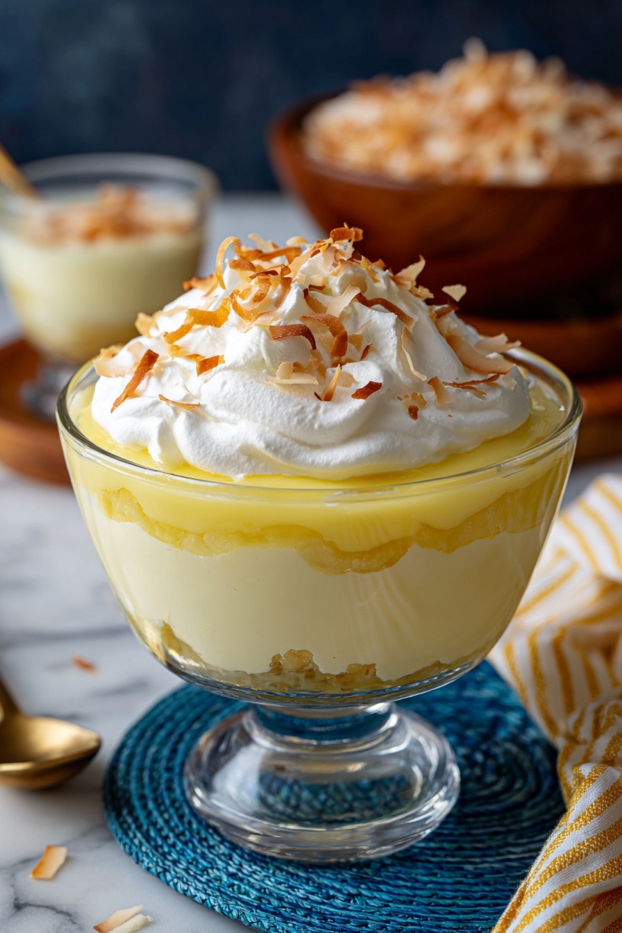 A clear glass bowl holds a layered dessert with three visible layers: the bottom layer is creamy and light yellow with some textured pieces inside, the middle layer is thicker and more solid yellow, and the top layer is white whipped cream sprinkled with thin toasted flakes. The bowl sits on a white marbled surface with a blue woven mat underneath, next to a wooden bowl filled with extra toasted flakes and a light cloth with yellow stripes. In the background, a blurred dark space and a smaller dessert in a glass cup with a spoon are visible. Photo taken with an iphone --ar 2:3 --v 7 - Passionfruit Trifle, tropical dessert, layered fruit trifle, easy summer dessert, passionfruit dessert recipe
