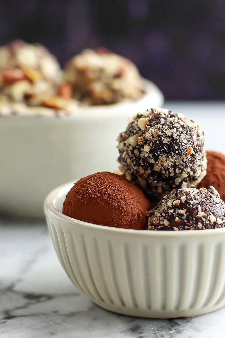 The image shows small round chocolate truffles in a white bowl with vertical grooves. The truffles have two main designs: a smooth dark brown layer covered with cocoa powder in the front and a rough layer covered with small chopped nuts and chocolate pieces behind them. The bowl is placed on a white marbled surface, and in the background, there is a blurry white bowl filled with more nut-covered truffles. Photo taken with an iphone --ar 2:3 --v 7 - Chocolate Orange Hazelnut Truffles, chocolate orange truffles, hazelnut chocolate candies, citrus chocolate confections, no-bake truffle recipes