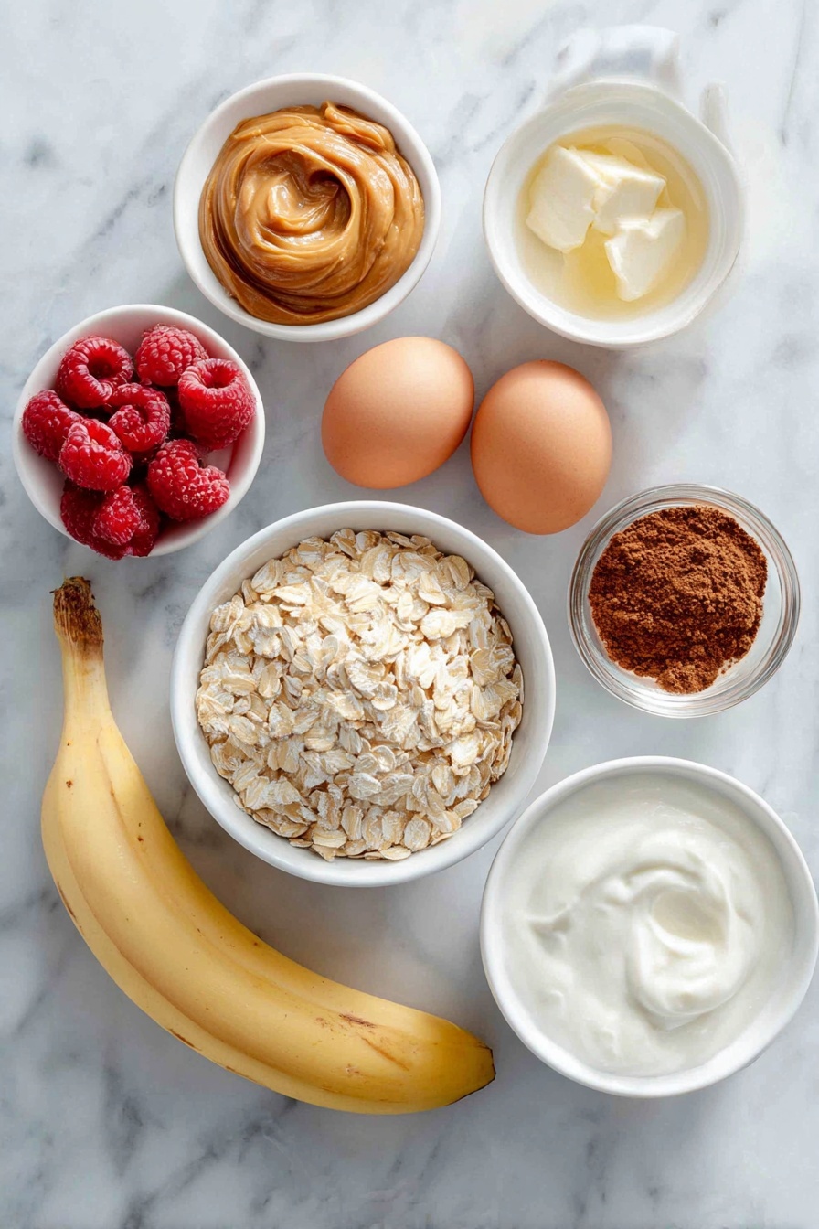 Flat lay of gluten-free old-fashioned rolled oats in a small white ceramic bowl, a medium ripe banana with bright yellow peel, a small white ceramic bowl with smooth peanut butter, two large whole uncracked brown eggs, a small white ceramic bowl of unsweetened milk, fresh vibrant red raspberries scattered neatly, a small white ceramic bowl of pure maple syrup, a small white ceramic bowl of creamy white yogurt, a small white ceramic bowl containing a rich brown cacao powder, a small white ceramic bowl with protein powder (light beige), a small white ceramic bowl of ground cinnamon (warm brown), a small white ceramic bowl of vanilla extract with a clear pale liquid, a small white ceramic bowl with baking powder (fine white powder) placed on a clean white marble surface, soft natural light, photo taken with an iPhone, professional food photography style, fresh ingredients, white ceramic bowls, no bottles, no duplicates, no utensils, no packaging --ar 2:3 --v 7 --p m7354615311229779997 - Mini Pancake Cereal Bowl with Berries, pancake cereal recipes, adorable breakfast ideas, healthy pancake breakfast, berry breakfast bowls