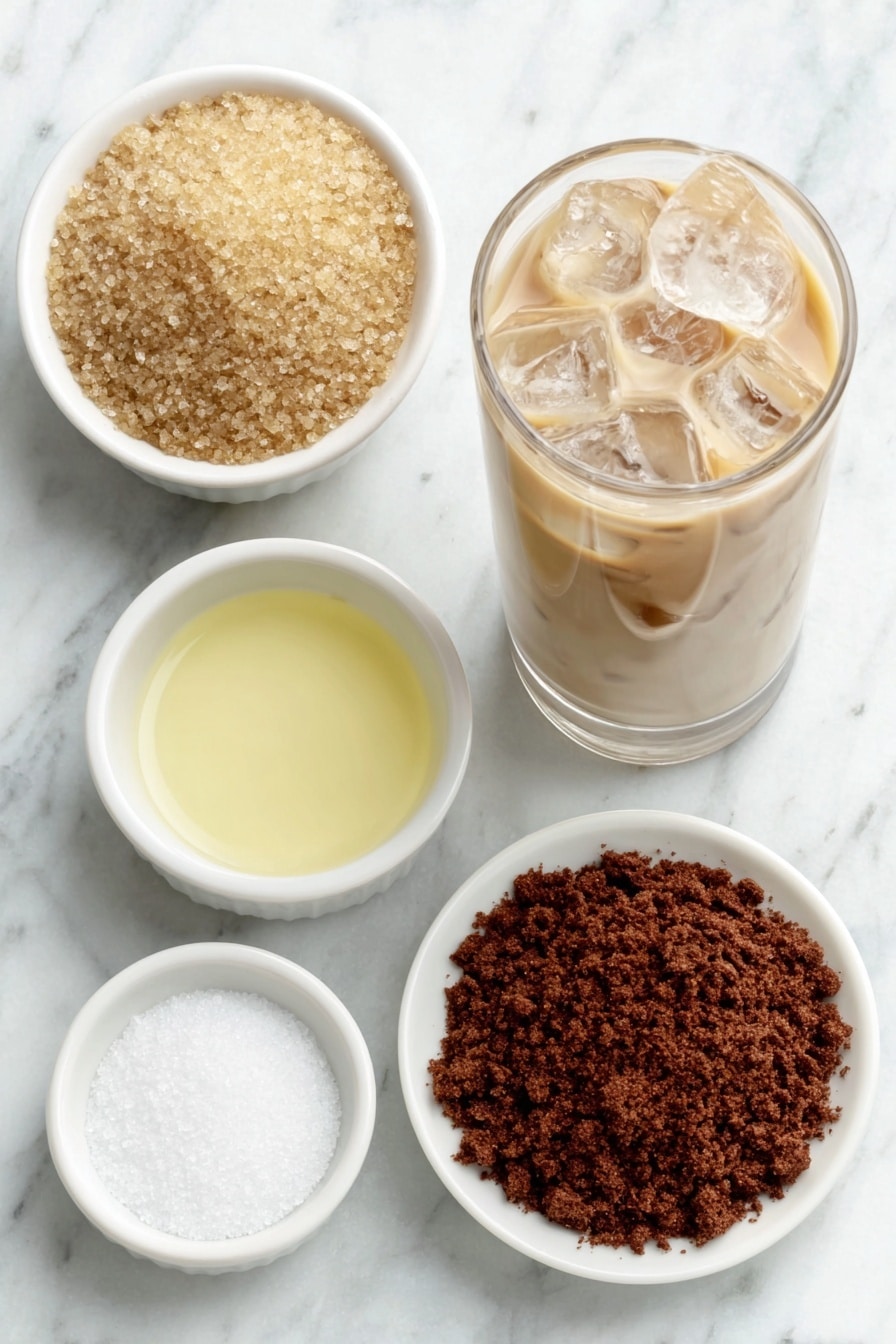 Flat lay of two small white ceramic bowls, one filled with coarse granulated sugar, the other with fine instant coffee powder, a small white bowl holding steaming boiling water, a small white bowl with clear vanilla extract, a tall clear glass filled with creamy oat milk and ice cubes, placed on a clean white marble surface, soft natural light, photo taken with an iPhone, professional food photography style, fresh ingredients, white ceramic bowls, no bottles, no duplicates, no utensils, no packaging --ar 2:3 --v 7 --p m7354615311229779997 - Vegan Dalgona Coffee, dairy-free whipped coffee, plant-based frothy coffee, vegan coffee drinks, easy vegan coffee recipe