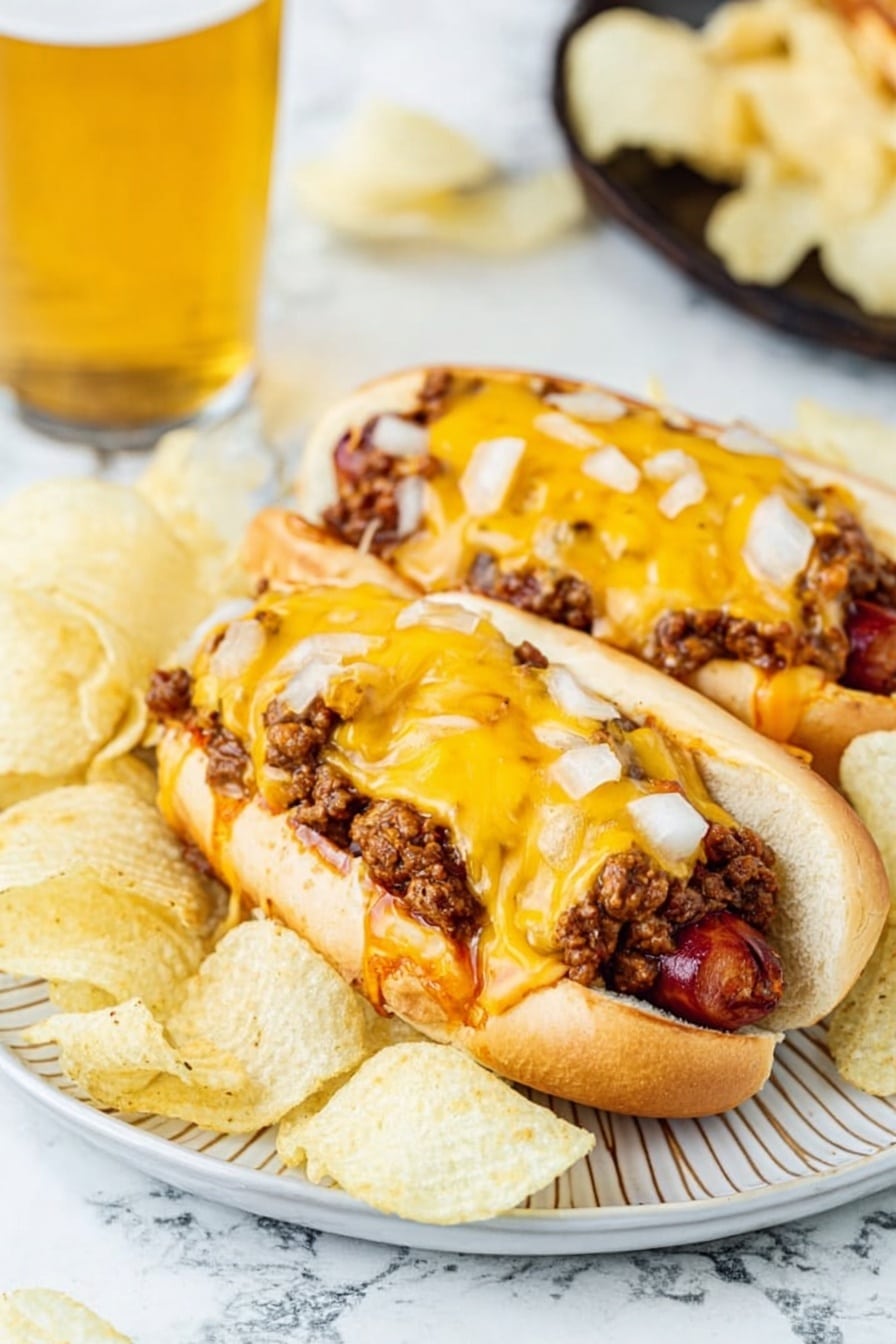 Two hot dogs are placed side by side on a round metal plate, sitting on a white marbled surface. Each hot dog is inside a soft golden bun. The first layer shows browned sausage partly visible on the edges. On top, there is a layer of dark brown cooked ground meat scattered unevenly. The third layer is a mix of melted yellow and white cheese, thickly covering the meat and draping slightly over the sides of the buns. Small pieces of white onion are scattered on top of the cheese on both hot dogs. Around the plate, light yellow ridged potato chips are placed loosely. Photo taken with an iphone --ar 2:3 --v 7 - Cincinnati Chili Dogs, Cincinnati-style chili hot dogs, chili dog recipe, easy Cincinnati chili dogs, Cincinnati hot dog toppings
