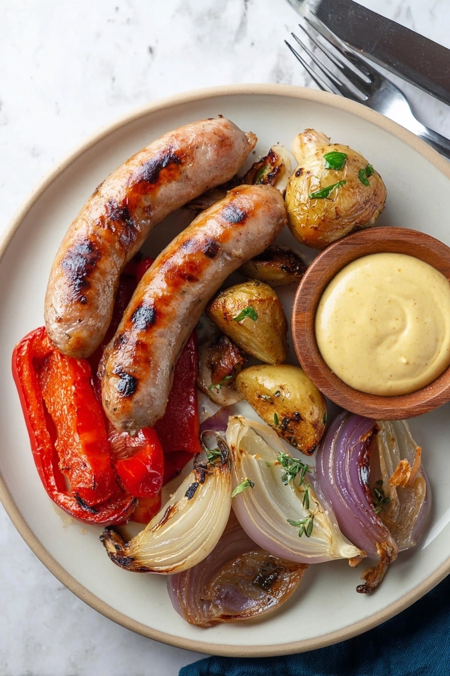 A white plate holds two grilled sausages with golden brown and slightly charred skins on the left side. Underneath and around the sausages are pieces of roasted red pepper, small roasted potatoes with herbs, and a small roasted mushroom with green garnish. On the right side of the plate are slices of roasted onion, both white and purple, slightly browned and layered in a pile. Next to the vegetables, there is a small wooden bowl filled with smooth, pale yellow mustard sauce. A fork rests on the right side of the plate, all set on a white marbled surface. Photo taken with an iphone --ar 2:3 --v 7 - Oven Roasted Sausage and Potatoes, roasted sausage and potatoes, easy sheet pan dinner, comforting family meals, quick weeknight dinner