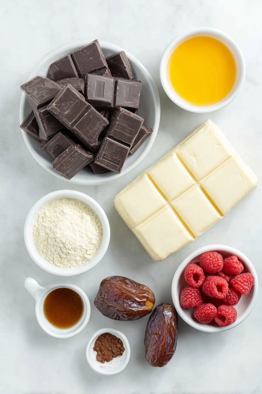 Flat lay of chopped dark chocolate pieces, a small white bowl of espresso powder, a block of silken soft tofu, two whole uncracked Medjool dates, a small white bowl of pure maple syrup, a small white bowl of Dutch process cocoa powder, a small white bowl of vanilla extract, a small white bowl of ground cinnamon, a small white bowl of fine sea salt, fresh red raspberries, a small white bowl of orange zest, a small white bowl of freshly squeezed orange juice placed on a clean white marble surface, soft natural light, photo taken with an iPhone, professional food photography style, fresh ingredients, white ceramic bowls, no bottles, no duplicates, no utensils, no packaging --ar 2:3 --v 7 --p m7354615311229779997 - Vegan Chocolate Mousse with Raspberry Compote, vegan chocolate mousse, dairy-free chocolate mousse, plant-based dessert, raspberry compote recipe