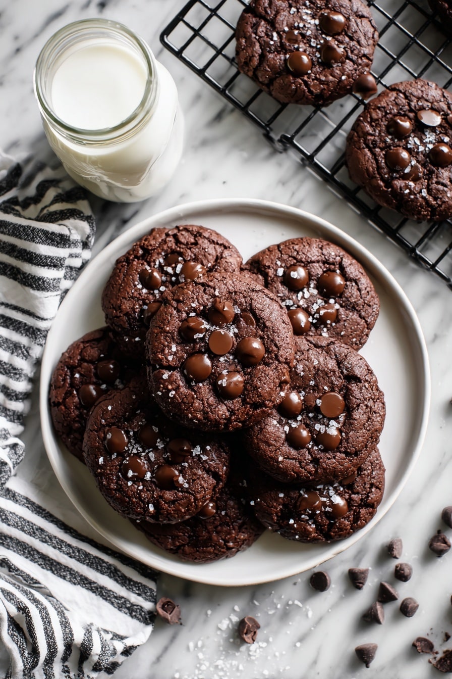 A white round plate filled with eight rich dark brown chocolate cookies, each topped with shiny chocolate chips and sprinkled with small flakes of sea salt. The cookies have a soft, slightly cracked texture and are closely stacked, some overlapping. The plate is set on a black wire cooling rack that holds three more cookies with similar textures. Nearby, a clear glass bottle of milk and a white cloth with black stripes rest on a white marbled surface. Small chocolate chips and cookie crumbs are scattered casually around the setup. Photo taken with an iphone --ar 2:3 --v 7 - Chewy Salted Brownie Cookies, brownies cookies recipe, salted chocolate cookies, fudgy brownie cookies, soft chewy chocolate cookies