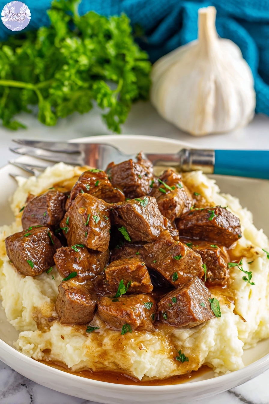 The image shows a white plate with a base layer of creamy mashed potatoes that look soft and smooth with slight texture. On top, there are many small brown cubes of cooked meat, shiny with a rich brown sauce and sprinkled with tiny green herb pieces. A silver fork with a blue handle rests on the edge of the plate. Next to the plate, there's a bunch of fresh green parsley and a bulb of garlic on a white marbled surface with a blue fabric in the background. Photo taken with an iphone --ar 2:3 --v 7 - Garlic Butter Steak Bites in Crockpot, slow cooker steak recipes, easy steak dinner, tender steak bites, garlic butter beef skillet