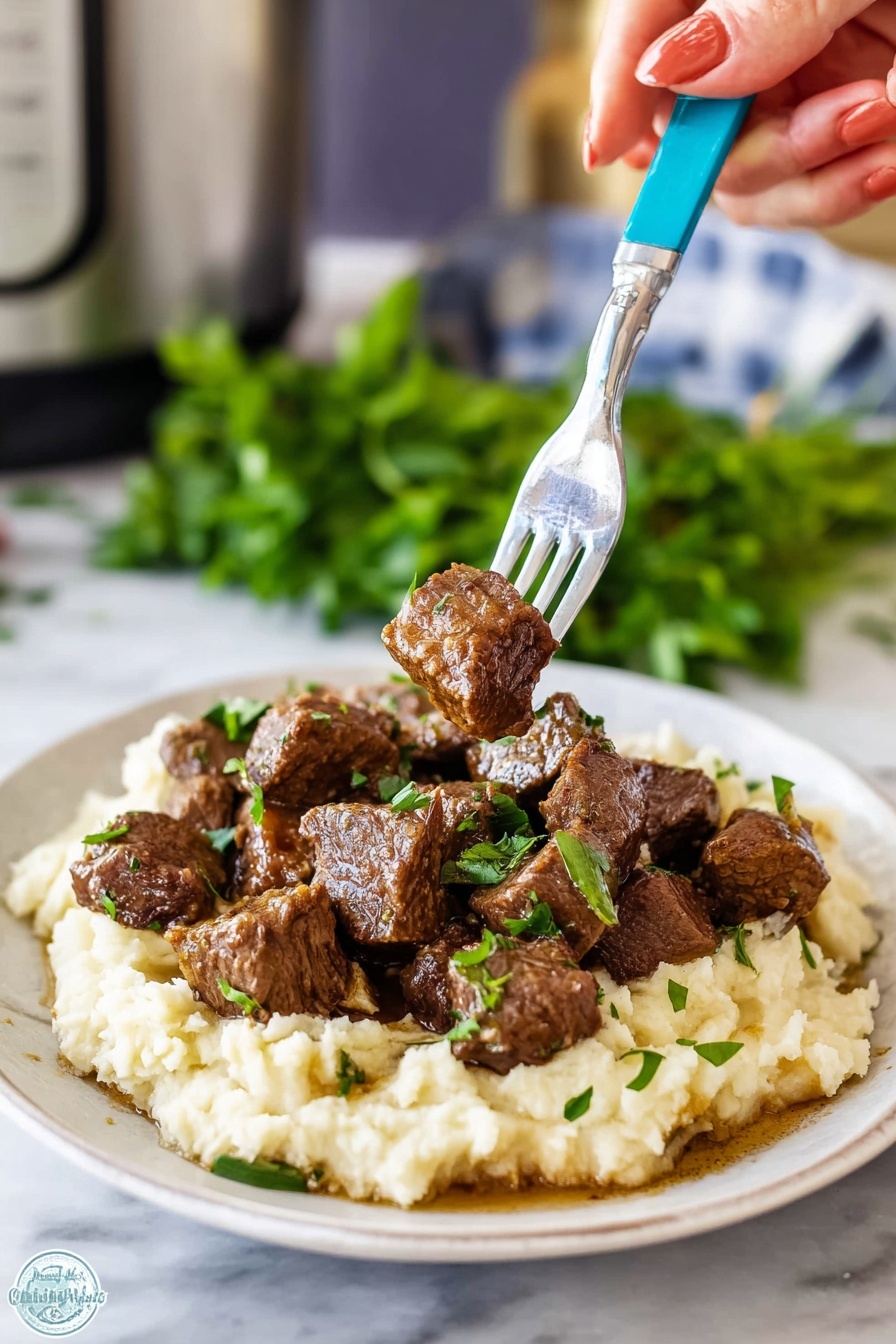 A white plate on a white marbled surface holds a base layer of creamy, pale-colored mashed potatoes with a smooth, slightly fluffy texture. On top, there is a thick heap of brown, pan-cooked beef chunks, browned on the edges and garnished with small chopped green herbs. A woman's hand holds a fork with a blue handle, piercing one piece of beef, lifting it above the plate. In the background, there are green leafy herbs out of focus and a kitchen area with muted colors. Photo taken with an iphone --ar 2:3 --v 7 - Garlic Butter Steak Bites in Crockpot, slow cooker steak recipes, easy steak dinner, tender steak bites, garlic butter beef skillet