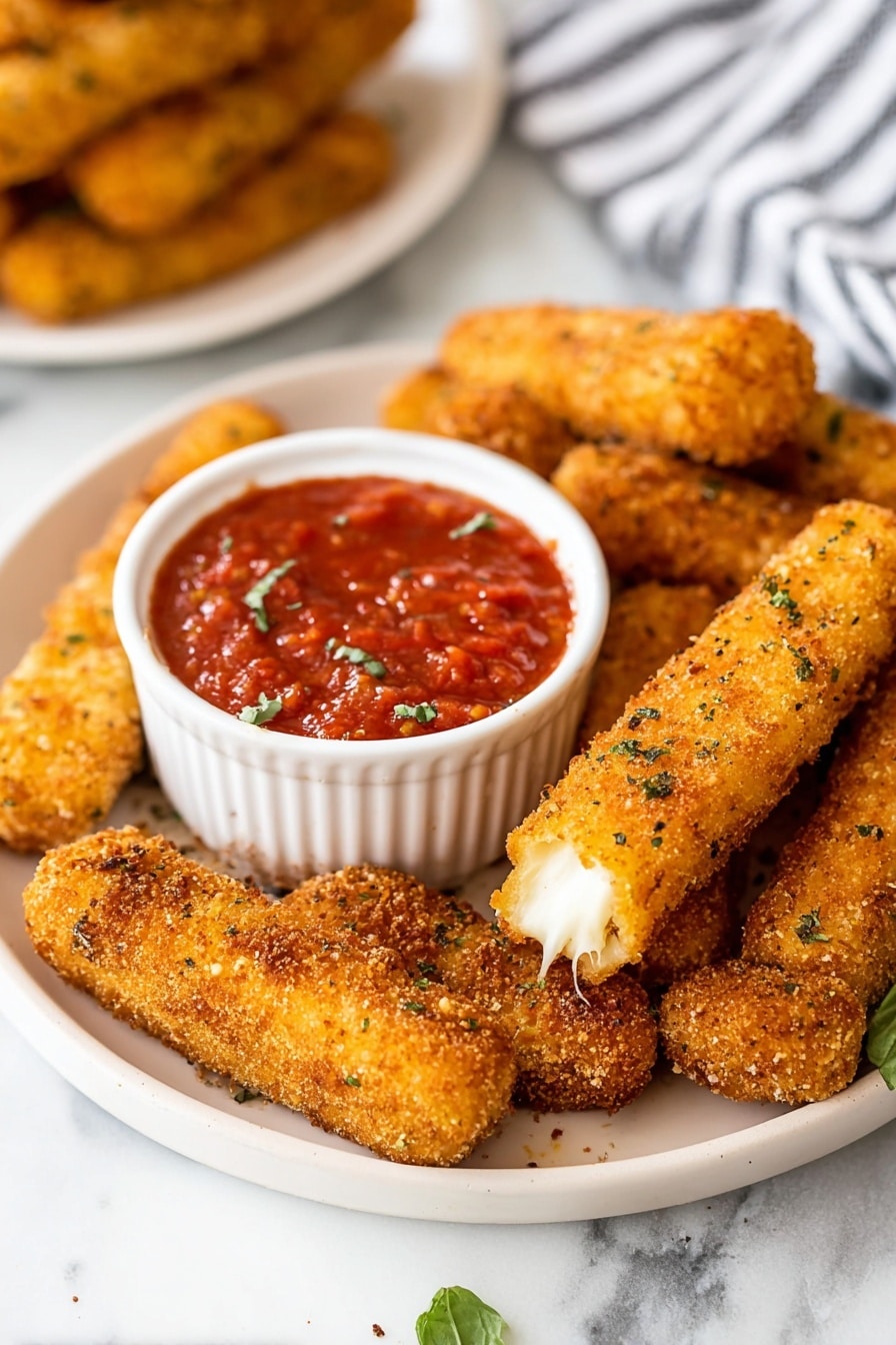 A white plate filled with a stack of golden brown crispy sticks, each with a crunchy texture and specks of green herbs on them, rests on a white marbled surface. In the middle of the plate, there is a white ramekin bowl filled with thick red tomato sauce with small bits and herbs visible on the surface. One stick on the right side is broken open, showing a melted white inside. In the background, there is a blurred white plate with more crispy sticks and a striped cloth. photo taken with an iphone --ar 2:3 --v 7 - Homemade Crispy Mozzarella Sticks, mozzarella sticks recipe, how to make crispy mozzarella sticks, cheesy snack recipes, easy mozzarella appetizers