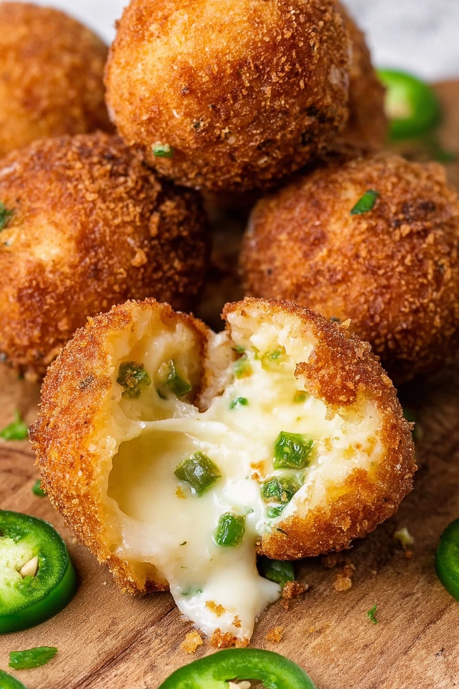 The image shows round, golden-brown fried balls with a crispy texture on the outside. One ball is open to reveal a creamy, melted white cheese filling mixed with small, bright green pieces inside. The balls sit on a wooden surface with slices of fresh green jalapeño scattered around. The background is a white marbled texture. photo taken with an iphone --ar 2:3 --v 7 - Copycat Texas Rattlesnake Bites, Texas Rattlesnake Bites, cheesy jalapeno bites, spicy fried snacks, Texas Roadhouse appetizer