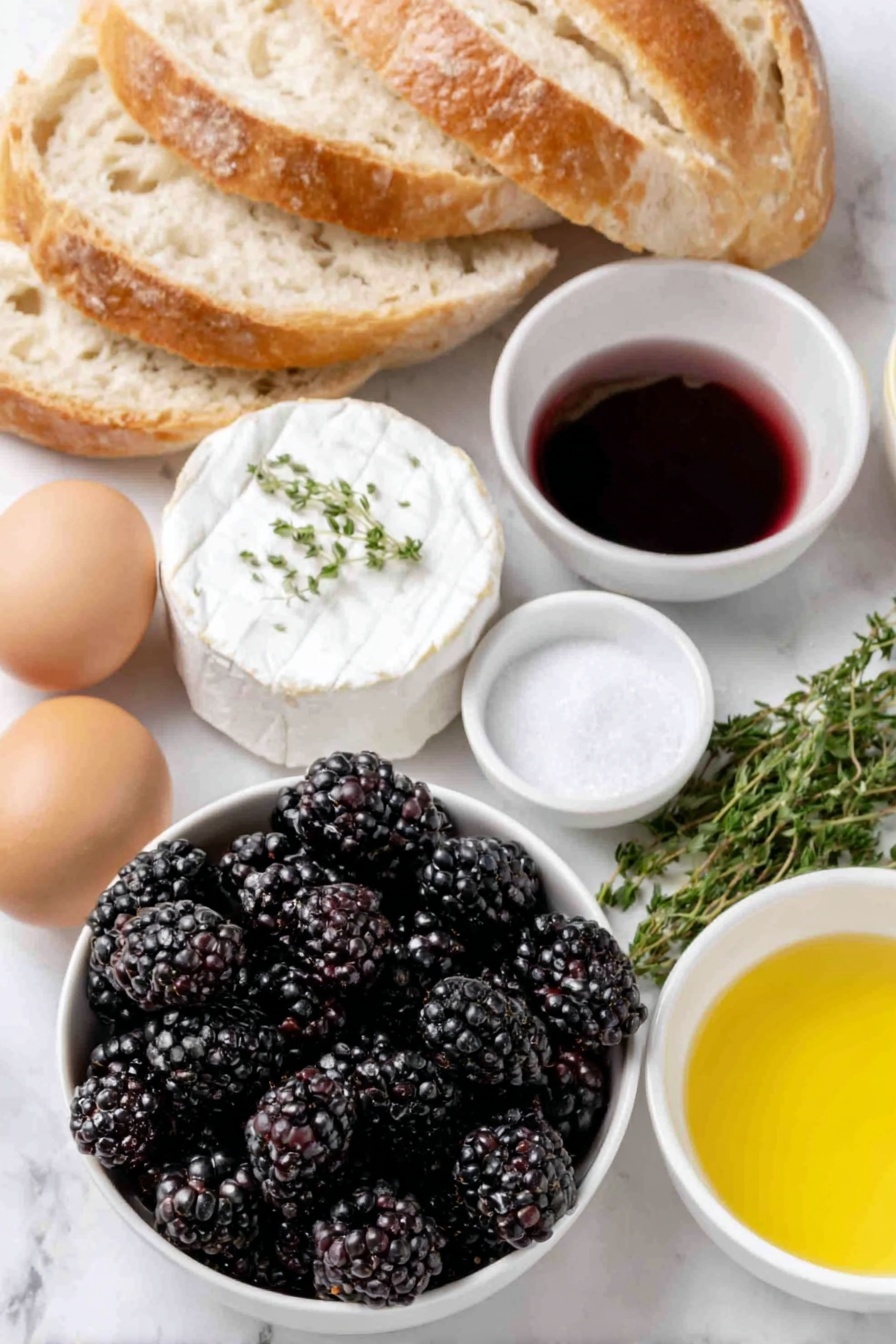 Flat lay of fresh blackberries scattered in a small pile, a wedge of creamy double cream brie cheese with a smooth, white rind, a few sprigs of chopped fresh thyme, four thick slices of rustic sourdough bread with an airy crumb and golden crust, a small white ceramic bowl filled with dark balsamic vinegar, a small white ceramic bowl holding granulated sugar, a small white ceramic bowl containing bright lemon juice, a small white ceramic bowl with coarse kosher salt crystals, and two whole uncracked brown eggs, all arranged in perfect symmetry on a clean white marble surface, soft natural light, photo taken with an iPhone, professional food photography style, fresh ingredients, white ceramic bowls, no bottles, no duplicates, no utensils, no packaging --ar 2:3 --v 7 --p m7354615311229779997 - Blackberry Balsamic Brie Grilled Cheese, Blackberry Balsamic Jam, Brie Sandwich, Gourmet Grilled Cheese, Sweet and Savory Sandwich