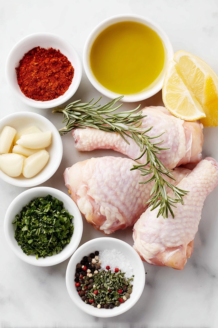 Flat lay of fresh whole chicken legs with skin on, a small white ceramic bowl of golden olive oil, four peeled garlic cloves, a small white bowl containing finely chopped fresh rosemary, another small white bowl with finely chopped fresh thyme, a small white bowl filled with bright red smoked paprika powder, coarse salt and black peppercorns arranged neatly, a fresh lemon cut into wedges, and a small white bowl of chopped fresh parsley, all placed on a clean white marble surface, soft natural light, photo taken with an iPhone, professional food photography style, fresh ingredients, white ceramic bowls, no bottles, no duplicates, no utensils, no packaging --ar 2:3 --v 7 --p m7354615311229779997 - Crispy Baked Chicken Legs with Herbs, Juicy baked chicken thighs, Easy baked chicken recipes, Herbed chicken dinner, Healthy baked chicken ideas