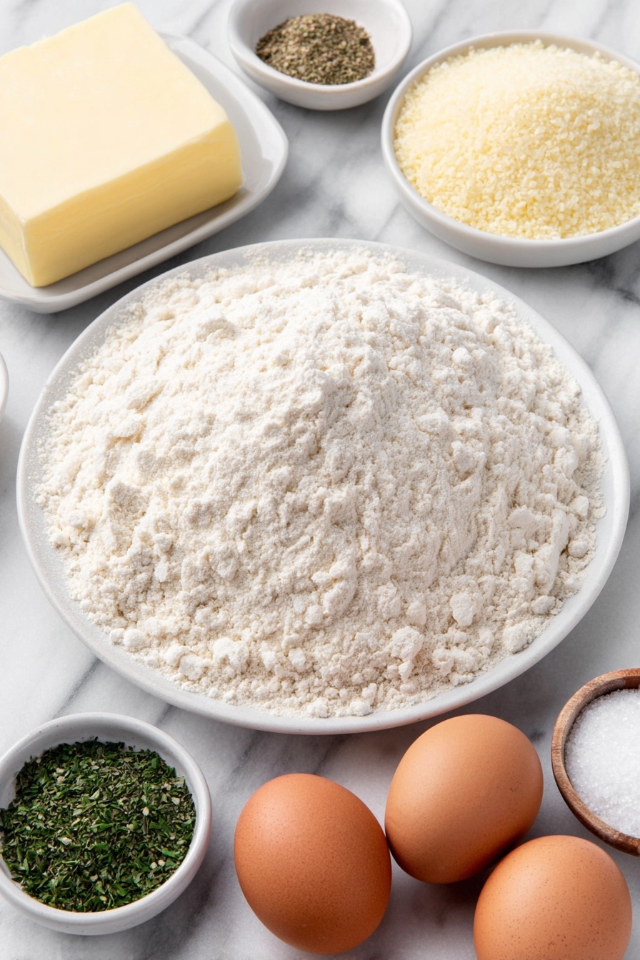 Flat lay of a small mound of fine bread flour on a white ceramic plate, two whole uncracked brown eggs, a small white ceramic bowl of warm water, a small white ceramic bowl of granulated sugar, a small white ceramic bowl of melted butter with a silky texture, a small pile of fine salt crystals on a white ceramic dish, a small white ceramic bowl with light beige instant yeast granules, a small white ceramic bowl of garlic powder, and a small white ceramic bowl of dried parsley flakes, all arranged in perfect symmetry and balanced proportions, placed on a clean white marble surface, soft natural light, photo taken with an iPhone, professional food photography style, fresh ingredients, white ceramic bowls, no bottles, no duplicates, no utensils, no packaging --ar 2:3 --v 7 --p m7354615311229779997 - Homemade Soft Breadsticks, Garlic Butter Breadsticks, Easy Breadstick Recipe, Fluffy Garlic Breadsticks, Soft Breadstick with Garlic Butter