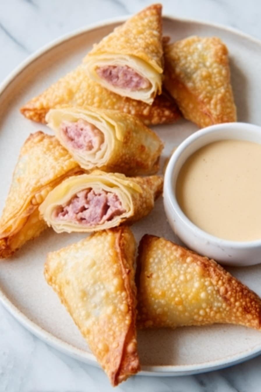 The image shows a white plate with five golden-baked, crispy, triangular pastries filled with a pink meat filling. One pastry is cut in half, revealing layers of flaky, light brown pastry dough wrapped around the soft pink inside. Next to the pastries is a small round white bowl filled with a creamy, light tan dipping sauce. The plate rests on a white marbled surface. photo taken with an iphone --ar 2:3 --v 7 - Pastrami Reuben Egg Rolls, Reuben Egg Rolls, Pastrami Egg Rolls, Crispy Reuben Snacks, Easy Reuben Appetizer