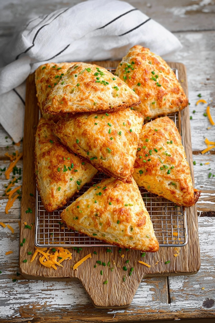The image shows a pile of golden brown scones on a wooden board, each scone triangular in shape with a rough, slightly crumbly texture. The scones have visible bits of orange cheese throughout and small green chives sprinkled on top, adding pops of color. The wooden board rests on a white marbled surface with a white and gray striped cloth nearby, creating a cozy and inviting setting. photo taken with an iphone --ar 2:3 --v 7 - Cheddar Chive Scones, savory scones recipe, cheesy scones, easy scones recipe, flaky cheese scones