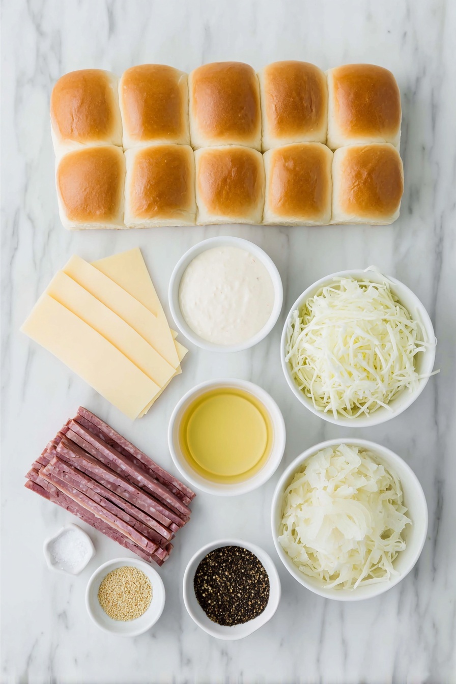 Flat lay of soft golden Hawaiian rolls, a small white bowl of creamy thousand island dressing, thin slices of pinkish-red corned beef, slices of pale yellow Swiss cheese, a small white bowl filled with drained sauerkraut, a small white bowl of melted golden butter, a small white bowl of black poppy seeds, a small white bowl of dried minced onion, a small white bowl of caraway seeds, a small white bowl of coarse salt, all arranged symmetrically on a clean white marble surface, soft natural light, photo taken with an iPhone, professional food photography style, fresh ingredients, white ceramic bowls, no bottles, no duplicates, no utensils, no packaging --ar 2:3 --v 7 --p m7354615311229779997 - Baked Reuben Sliders, Reuben sliders, Reuben sandwich sliders, appetizer sliders, party finger foods