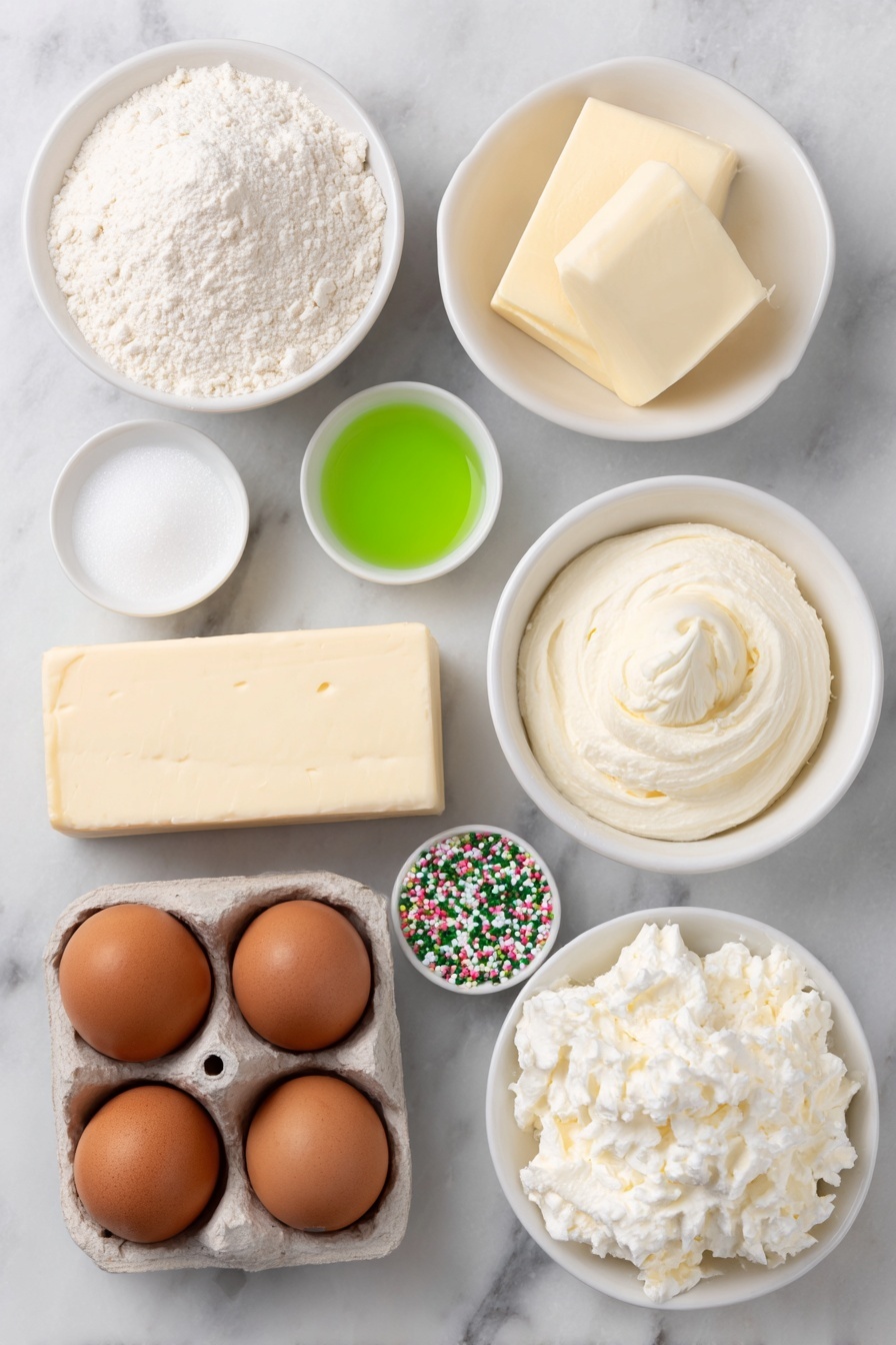 Flat lay of a small mound of granulated sugar, a half cup of unsalted butter stick, three whole brown eggs with clean shells, a few drops of vibrant green liquid (representing green food coloring) in a small white ceramic bowl, a small pile of all-purpose flour, a pinch of salt in a small white bowl, a small amount of baking soda in a white bowl, a small amount of baking powder in a white bowl, a small white ceramic bowl of creamy buttermilk, a small white bowl with vanilla extract, an 8-ounce block of softened cream cheese, a half cup of softened unsalted butter, a small white bowl filled with confectioner's sugar, and a small white bowl with shamrock-shaped green sprinkles, all arranged symmetrically and naturally on a clean white marble surface, soft natural light, photo taken with an iPhone, professional food photography style, fresh ingredients, white ceramic bowls, no bottles, no duplicates, no utensils, no packaging --ar 2:3 --v 7 --p m7354615311229779997 - Green Velvet Cupcakes with Cream Cheese Frosting, vibrant green cupcakes, St. Patrick's Day cupcake recipe, moist green velvet cupcakes, easy cupcake with cream cheese frosting