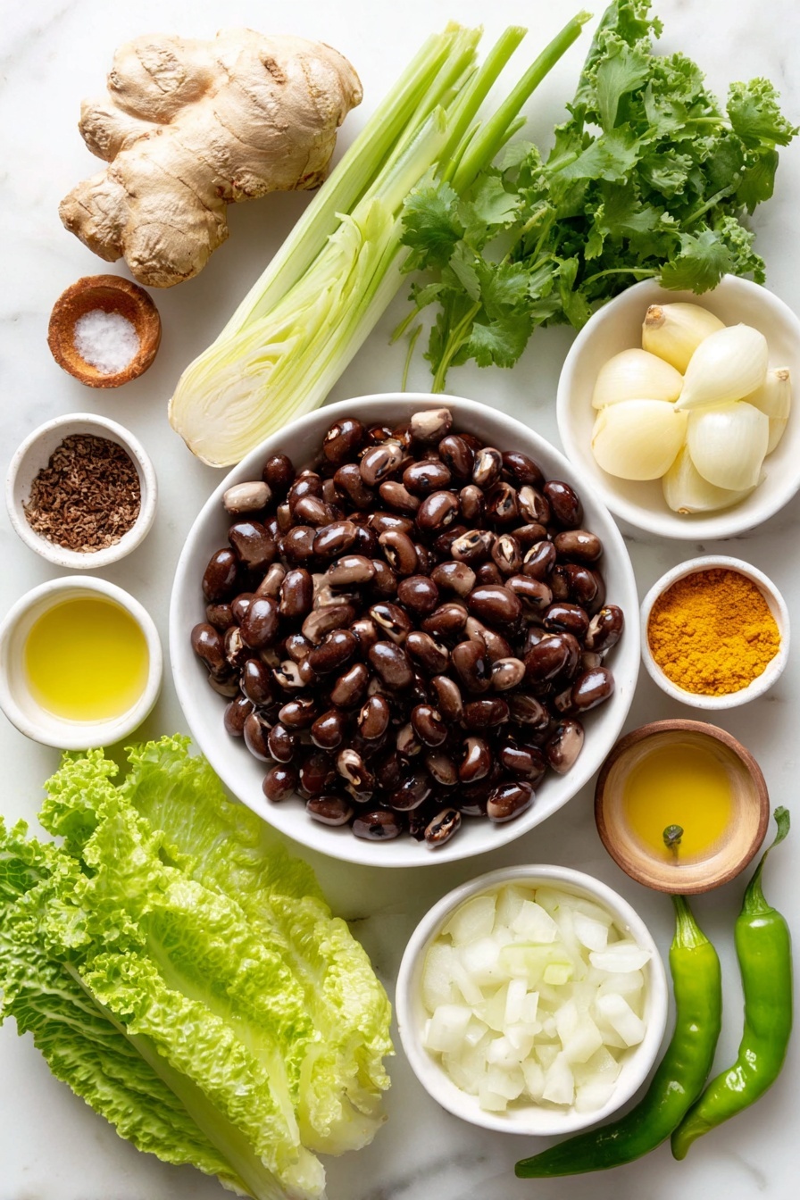 Flat lay of a small white ceramic bowl filled with rinsed black-eyed peas, a peeled 1-inch piece of fresh ginger root, three whole uncracked garlic cloves, one roughly chopped fresh Serrano chili pepper, a small white ceramic bowl with neutral cooking oil, a small white ceramic bowl containing cumin seeds, a small white ceramic bowl with mustard seeds, a small white ceramic bowl with bright yellow turmeric powder, a small white ceramic bowl with pale asafetida powder, one medium unpeeled onion chopped into pieces, a small white ceramic bowl with salt, a small white ceramic bowl with garam masala powder, two medium chopped ripe red tomatoes, a small white ceramic bowl filled with creamy coconut milk, a small white ceramic bowl of water, four to five trimmed and roughly chopped dark green kale leaves, a small pile of roughly chopped fresh cilantro leaves, and three medium green onions thinly sliced, all arranged with perfect symmetry and balanced proportions, placed on a clean white marble surface, soft natural light, photo taken with an iPhone, professional food photography style, fresh ingredients, white ceramic bowls, no bottles, no duplicates, no utensils, no packaging --ar 2:3 --v 7 --p m7354615311229779997 - Spicy Black-Eyed Peas and Kale Soup, hearty vegetarian soup, healthy black-eyed pea recipes, vegan comforting soups, easy spicy pea and kale soup