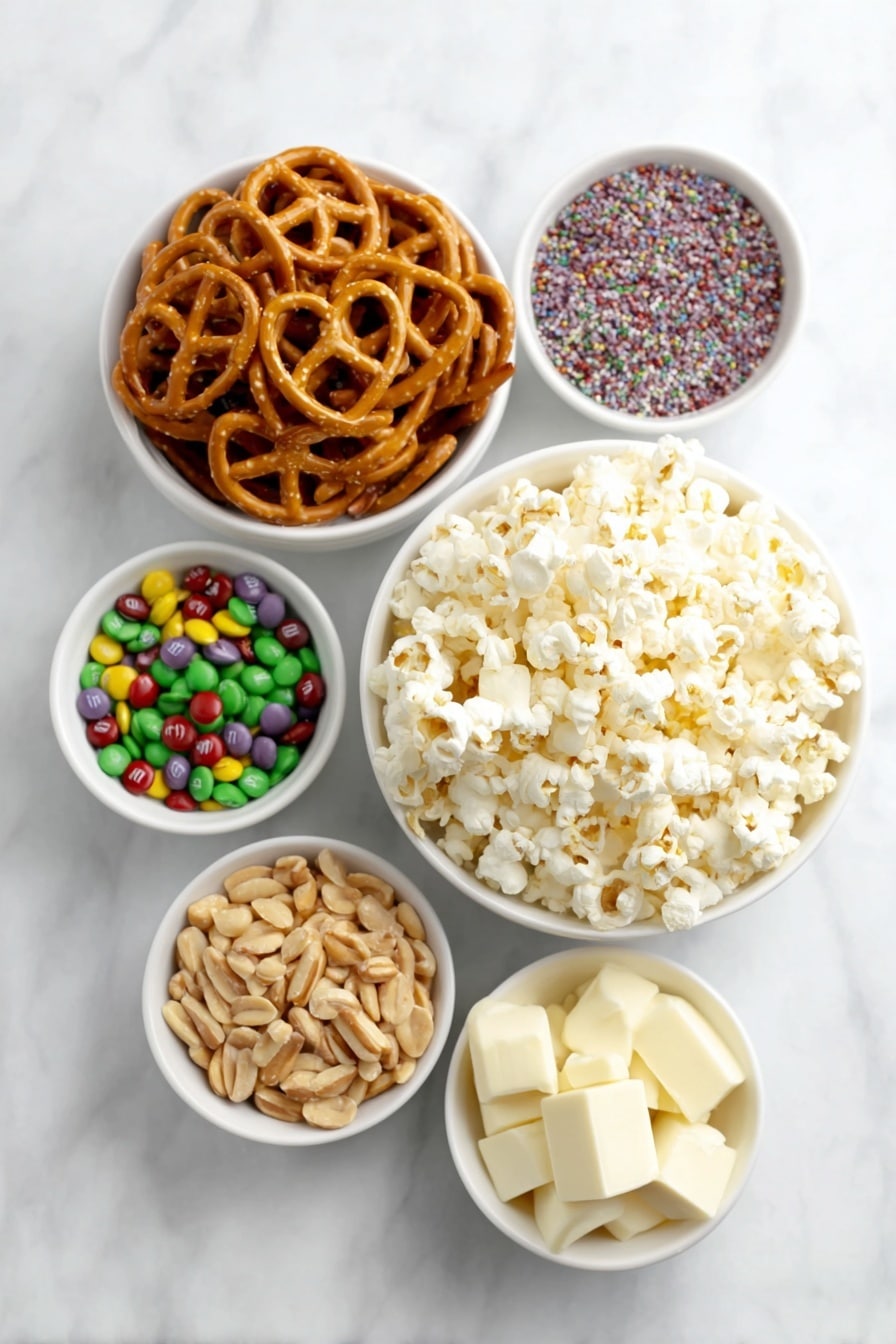 Flat lay of a small pile of colorful Lucky Charms cereal pieces, a neat stack of twisted golden pretzels, a heaping mound of freshly popped popcorn, a scattered handful of vibrant M&M's candies in various colors, a small white ceramic bowl filled with multicolored round sprinkles, a small white ceramic bowl holding dry roasted peanuts, and a small white ceramic bowl with smooth chopped white chocolate chunks, all arranged with perfect symmetry on a clean white marble surface, soft natural light, photo taken with an iPhone, professional food photography style, fresh ingredients, white ceramic bowls, no bottles, no duplicates, no utensils, no packaging --ar 2:3 --v 7 --p m7354615311229779997 - Lucky Charms White Chocolate Snack Mix, unicorn cereal snack mix, easy sweet salty party treat, festive marshmallow snack, quick white chocolate trail mix
