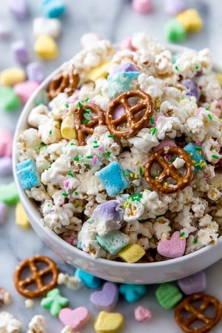 A white bowl is filled with a colorful mix of popcorn, small pretzels, and bright small marshmallows shaped like letters and symbols. The popcorn is white and fluffy with some green sprinkles scattered throughout. Pretzels are brown with a smooth shiny texture, nestled among the popcorn and marshmallows. The small marshmallows come in pastel colors like blue, pink, green, yellow, and purple, adding a vibrant look to the snack mix. The bowl sits on a white marbled surface with more colorful marshmallows scattered around it. photo taken with an iphone --ar 2:3 --v 7 - Lucky Charms White Chocolate Snack Mix, unicorn cereal snack mix, easy sweet salty party treat, festive marshmallow snack, quick white chocolate trail mix