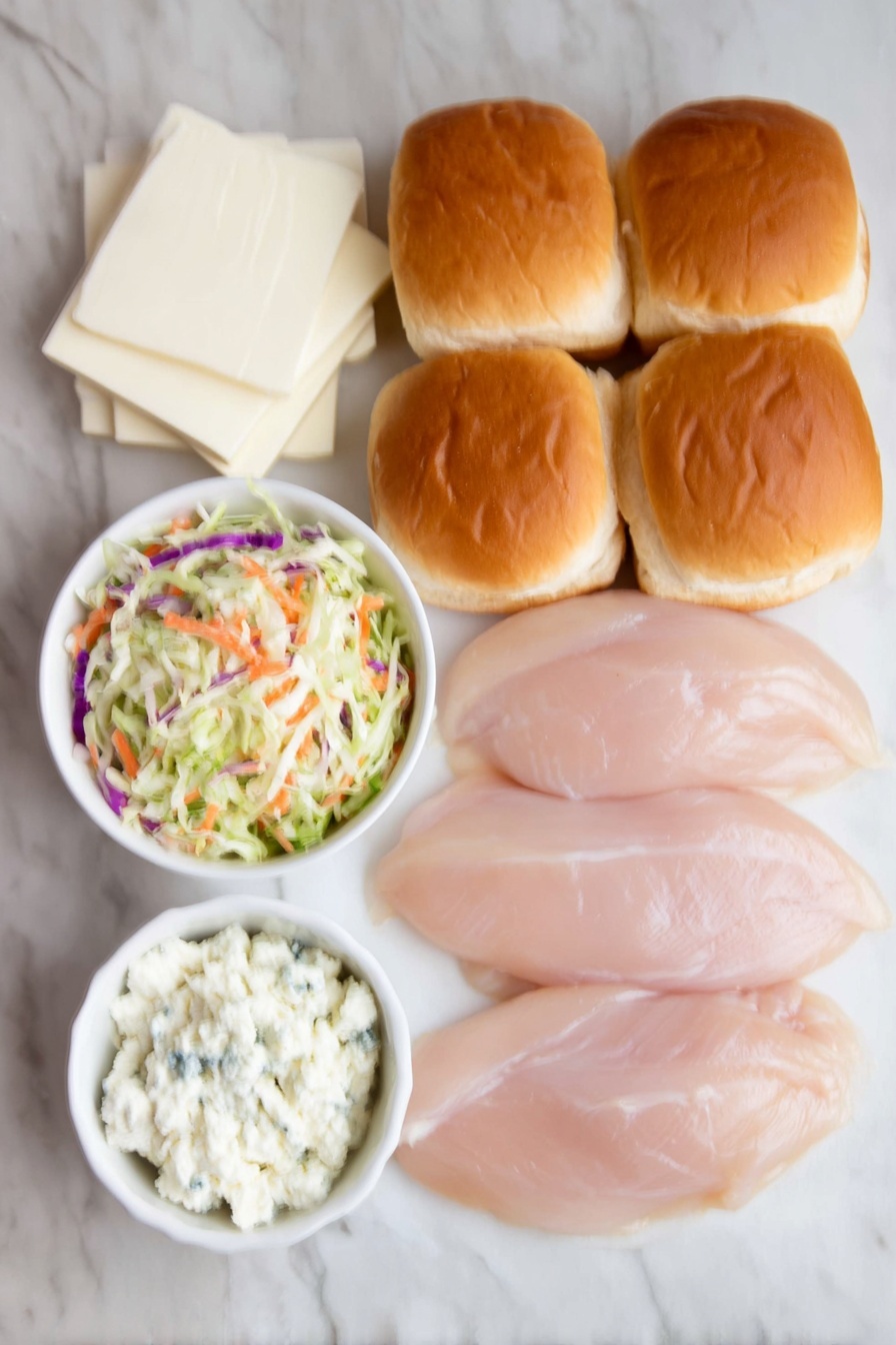 Flat lay of three fresh raw chicken breasts with natural pinkish color, a small white ceramic bowl filled with bright orange buffalo sauce, six slices of creamy white mozzarella cheese neatly stacked, a generous heap of colorful coleslaw with shredded green and purple cabbage and orange carrot strands, a small white ceramic bowl of thick blue cheese dressing with visible blue cheese crumbles, and six soft golden potato hamburger buns arranged in two rows, all placed on a clean white marble surface, soft natural light, photo taken with an iPhone, professional food photography style, fresh ingredients, white ceramic bowls, no bottles, no duplicates, no utensils, no packaging --ar 2:3 --v 7 --p m7354615311229779997 - Buffalo Chicken Blue Cheese Slaw Burgers, chicken burgers with blue cheese, spicy buffalo chicken sandwich, easy buffalo chicken burger, flavorful burger recipes