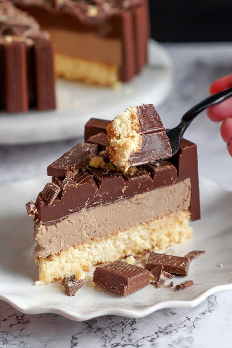 A slice of layered chocolate cake sits on a white plate with wavy edges, showing three clear layers: a pale yellow crumbly base, a thick light brown creamy middle, and a dark chocolate top covered with broken pieces of chocolate bars and surrounded by vertical chocolate bars forming a fence around the edge. Some small chocolate pieces are scattered on the plate, and a woman's hand holds a black spoon with a bit of cake resting on it. The background has a white marbled texture with the rest of the cake blurred behind the slice. Photo taken with an iphone --ar 2:3 --v 7 - No-Bake KitKat Cheesecake, KitKat cheesecake dessert, easy no-bake chocolate cheesecake, no-bake chocolate cheesecake recipe, indulgent KitKat cheesecake