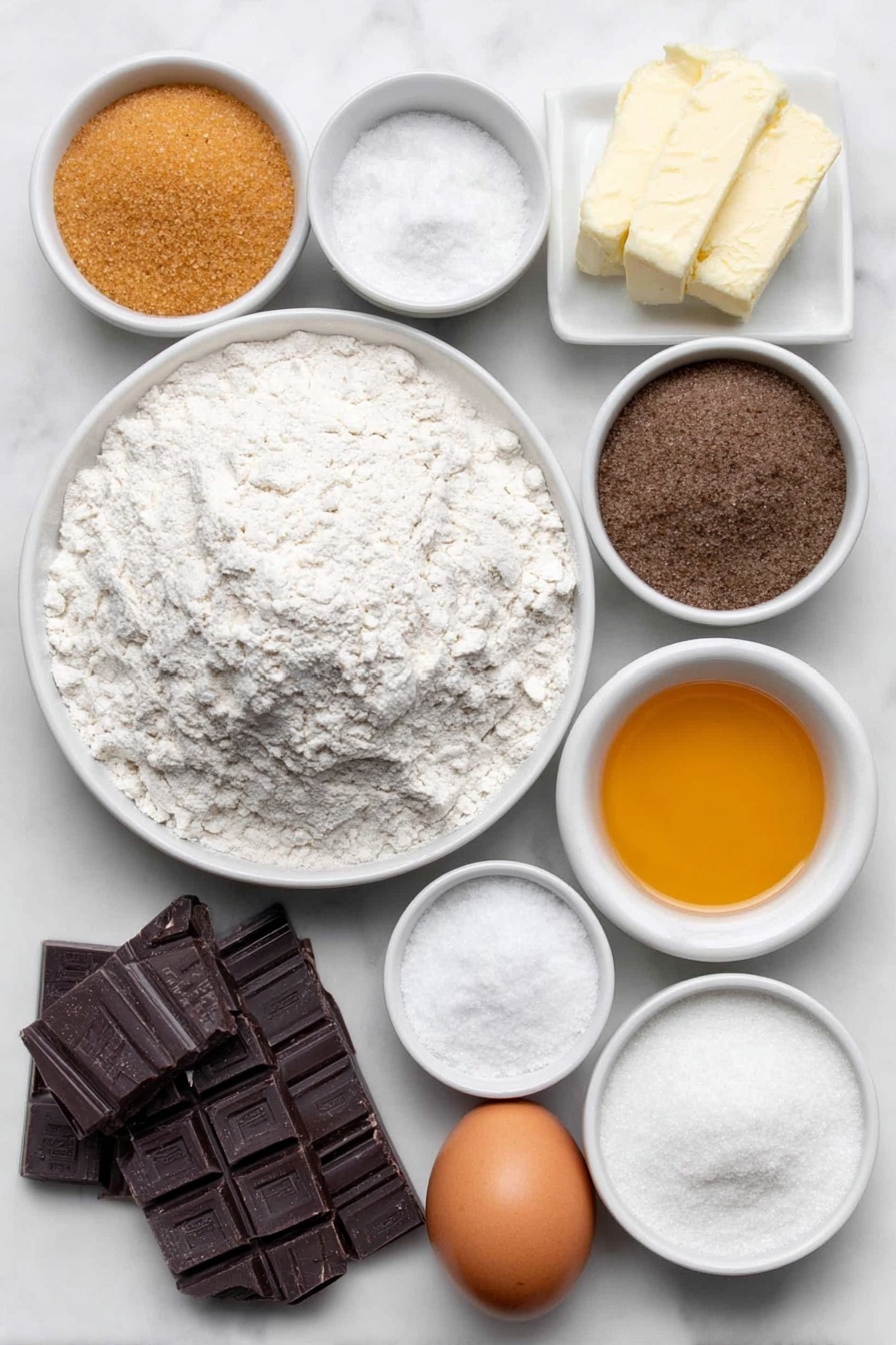 Flat lay of a small mound of all purpose flour on a simple white ceramic plate, a small white ceramic bowl with coarse salt, another small white ceramic bowl with baking soda powder, a half cup of creamy unsalted butter pat, three small white ceramic bowls each filled with light brown sugar, dark brown sugar, and granulated sugar, one whole uncracked brown egg, a small white ceramic bowl with golden vanilla extract liquid, a small white ceramic bowl with smooth white miso paste, and several irregular chunks of dark chocolate arranged artfully on a simple white ceramic plate, placed on a clean white marble surface, soft natural light, photo taken with an iPhone, professional food photography style, fresh ingredients, white ceramic bowls, no bottles, no duplicates, no utensils, no packaging --ar 2:3 --v 7 --p m7354615311229779997 - Miso Chocolate Chip Cookies, Unique cookie recipes, Savory sweet cookies, Brown butter chocolate cookies, Easy homemade cookies