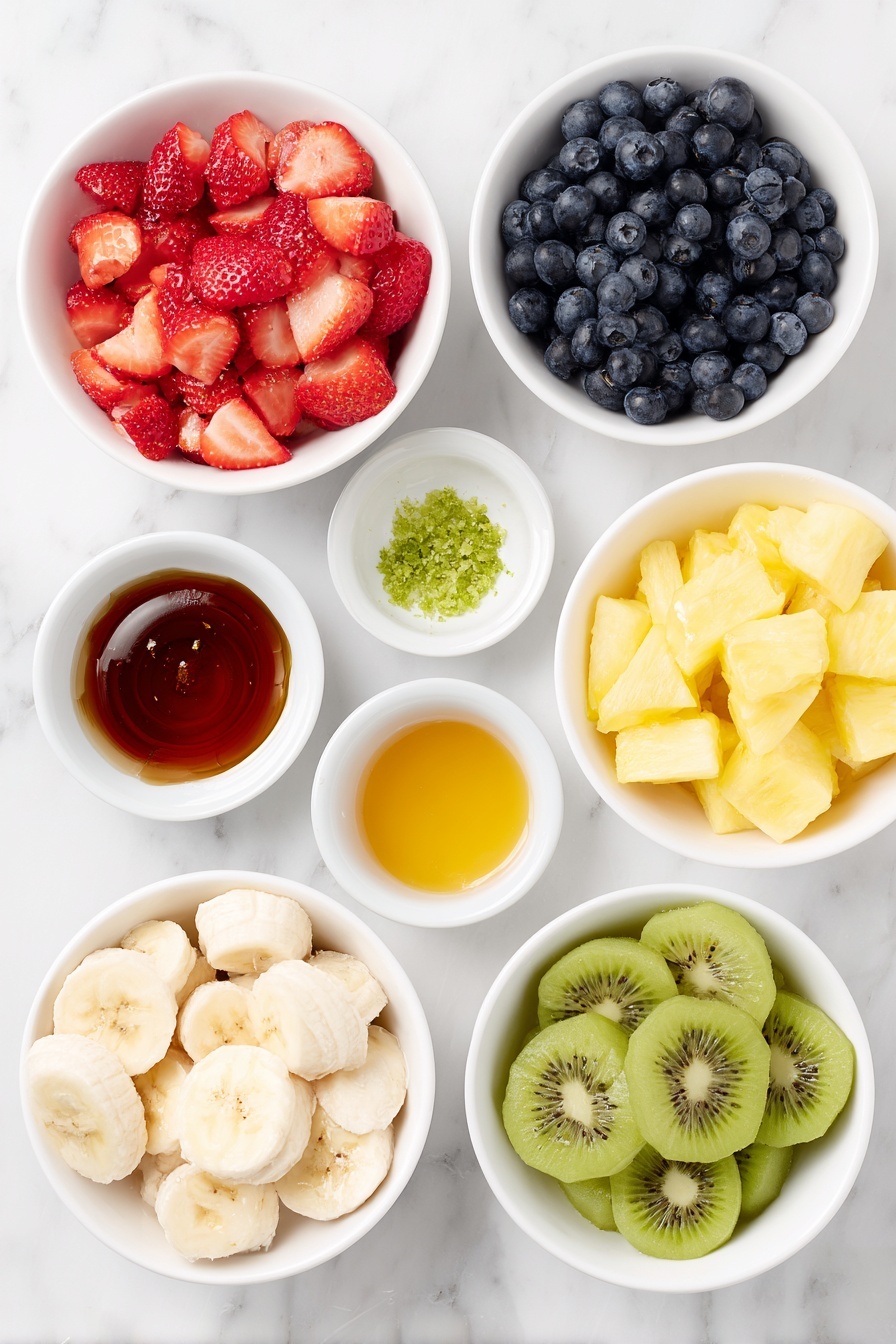 Flat lay of a simple white ceramic bowl filled with chopped fresh strawberries, a small white bowl with golden honey, another small white bowl containing bright green lime zest, a third small white bowl holding fresh lime juice, a separate simple white ceramic bowl of chopped fresh pineapple, a clean white ceramic bowl with plump fresh blueberries, a white ceramic bowl of halved red grapes, a simple white ceramic bowl containing peeled and chopped kiwis, a white ceramic bowl with peeled and segmented mandarin oranges, and a white ceramic bowl with sliced bananas, all arranged in perfect symmetry and balanced proportions, fresh and natural ingredients, placed on a clean white marble surface, soft natural light, photo taken with an iPhone, professional food photography style, fresh ingredients, white ceramic bowls, no bottles, no duplicates, no utensils, no packaging --ar 2:3 --v 7 --p m7354615311229779997 - Colorful Honey Lime Rainbow Fruit Salad, rainbow fruit salad, healthy fruit salad, quick fruit salad recipe, summer fruit salad