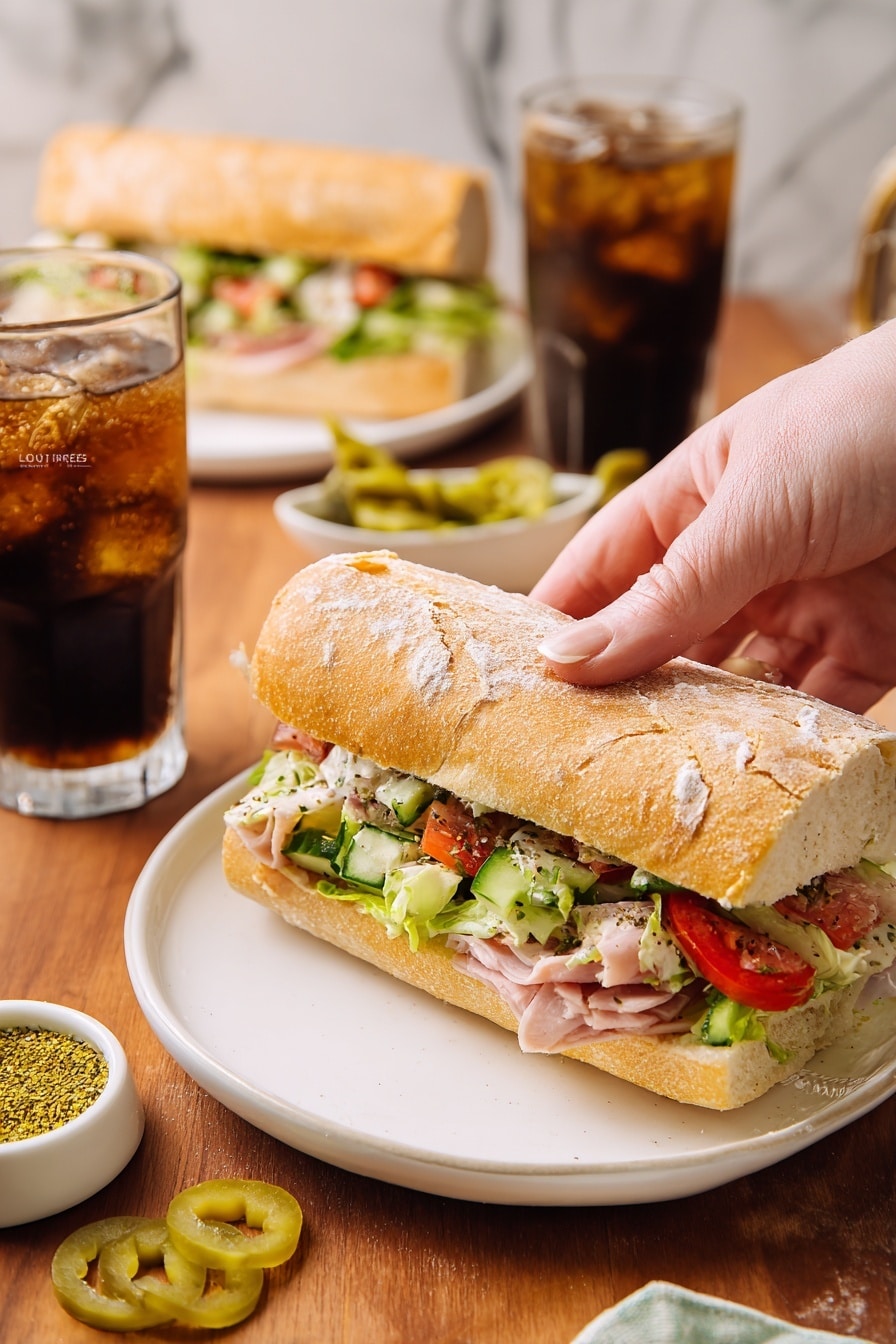 A white plate holds a sandwich with three layers: the bottom layer is a light brown crusty bread roll, the middle layer is filled with chopped lettuce, green cucumber slices, pink diced meat, and red tomato pieces, and the top layer is the matching bread roll top dusted with flour. A woman's hand is picking up the sandwich from the right side of the plate. In the foreground, there is a glass of iced dark soda with foam on top, and a few light green sliced peppers scattered on the wooden table. In the background, another sandwich is on a white plate, along with a glass of dark soda and a small white dish of yellowish-green seasoning. The scene is set against a white marbled surface. photo taken with an iphone --ar 2:3 --v 7 - Italian Meat and Cheese Chopped Sandwich, Italian deli sandwich, easy Italian sandwich recipe, quick lunch sandwich, flavorful sandwich ideas
