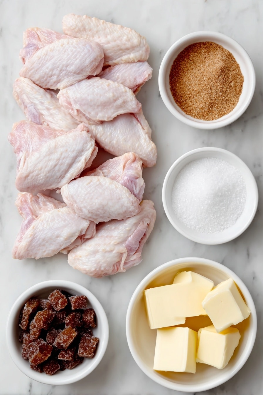 Flat lay of fresh raw chicken wings arranged neatly beside a small white ceramic bowl filled with bright orange buffalo wing sauce, another small white bowl containing light brown ranch seasoning powder, a few cubes of yellow butter placed directly on the white surface, and a small white bowl holding dark golden brown sugar crystals, all placed on a clean white marble surface, soft natural light, photo taken with an iPhone, professional food photography style, fresh ingredients, white ceramic bowls, no bottles, no duplicates, no utensils, no packaging --ar 2:3 --v 7 --p m7354615311229779997 - Buffalo Ranch Chicken Wings, slow cooker chicken wings, easy wing recipes, spicy ranch chicken wings, game day chicken wings